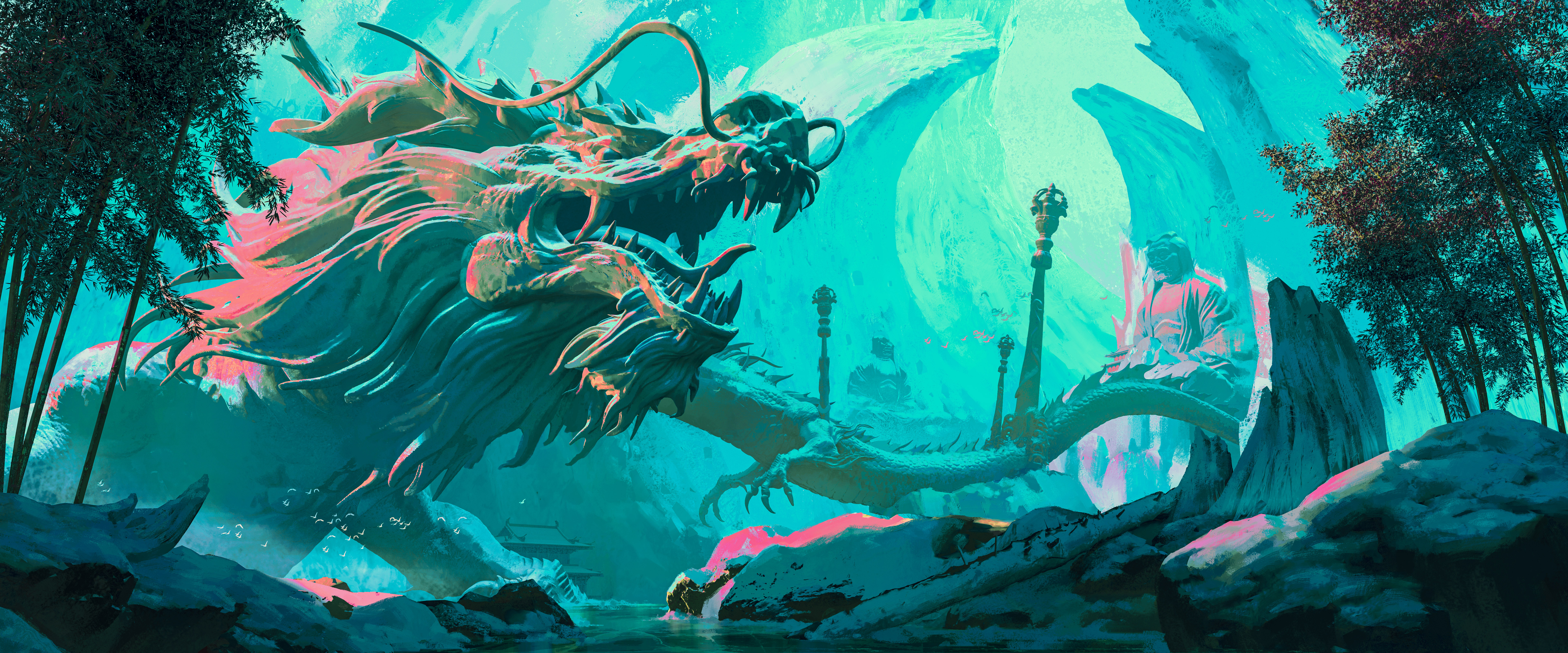 A creature, a dragon, and a person in a cave HD Wallpaper