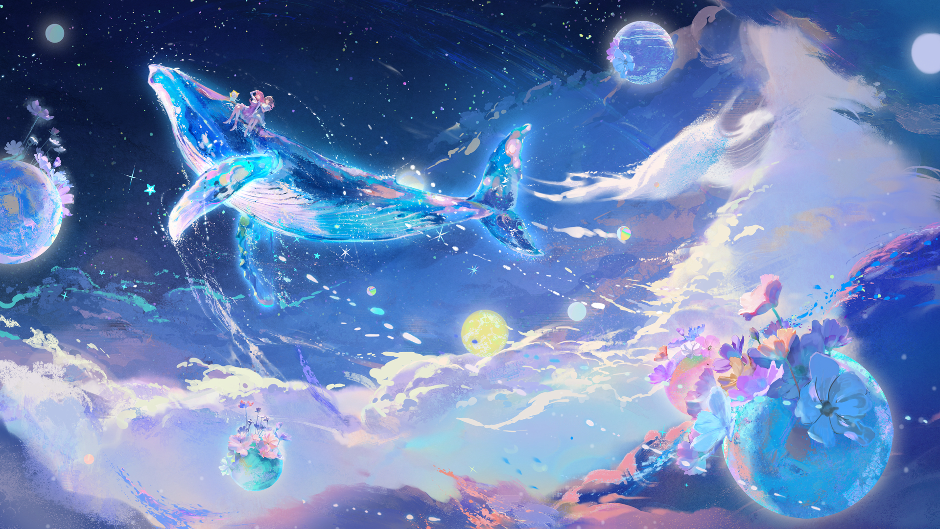 Shining Nikki: Two women ride a flying whale in a starry sky HD Wallpaper