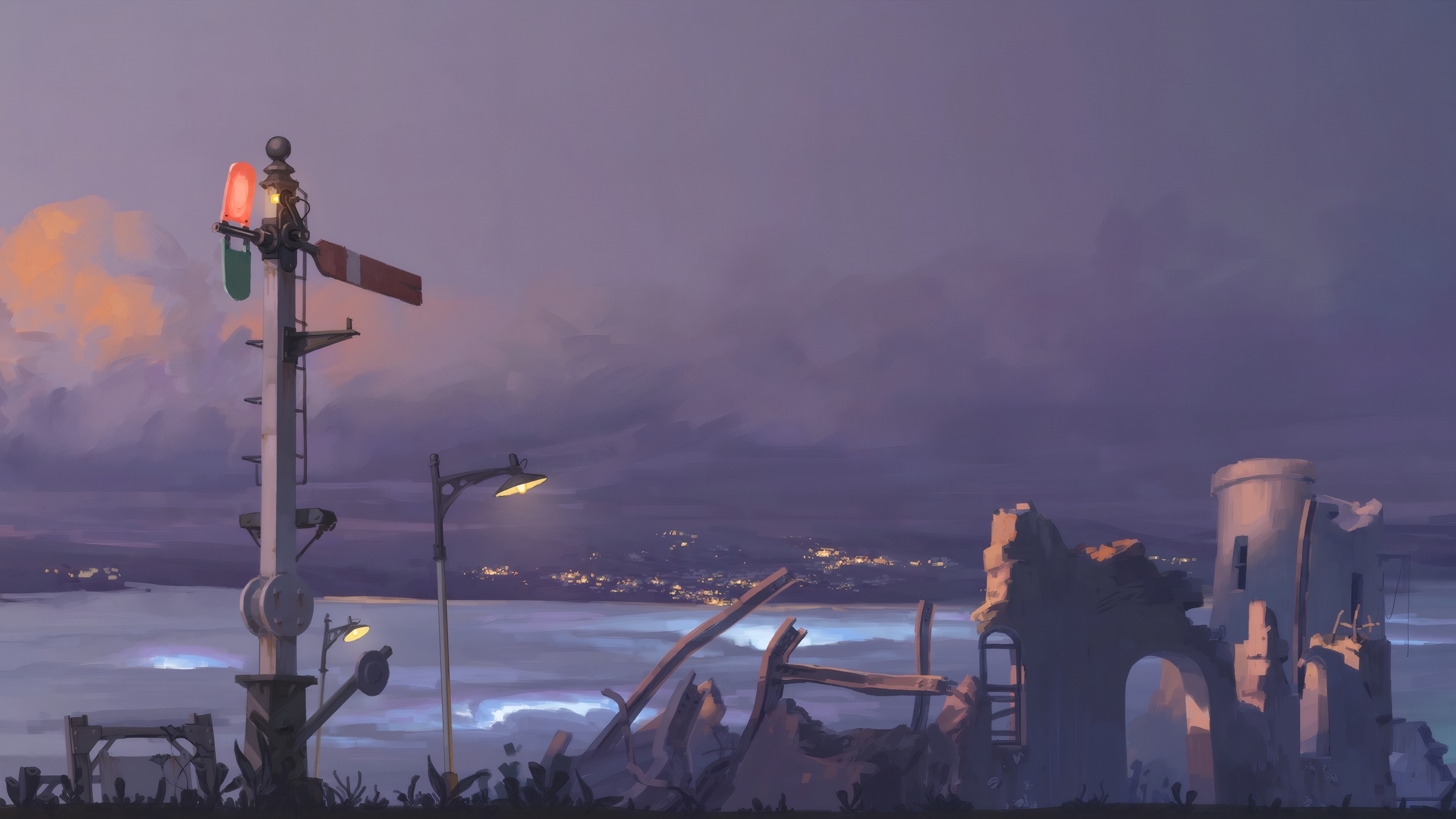Ruins by the sea with railway signal at dusk HD Wallpaper
