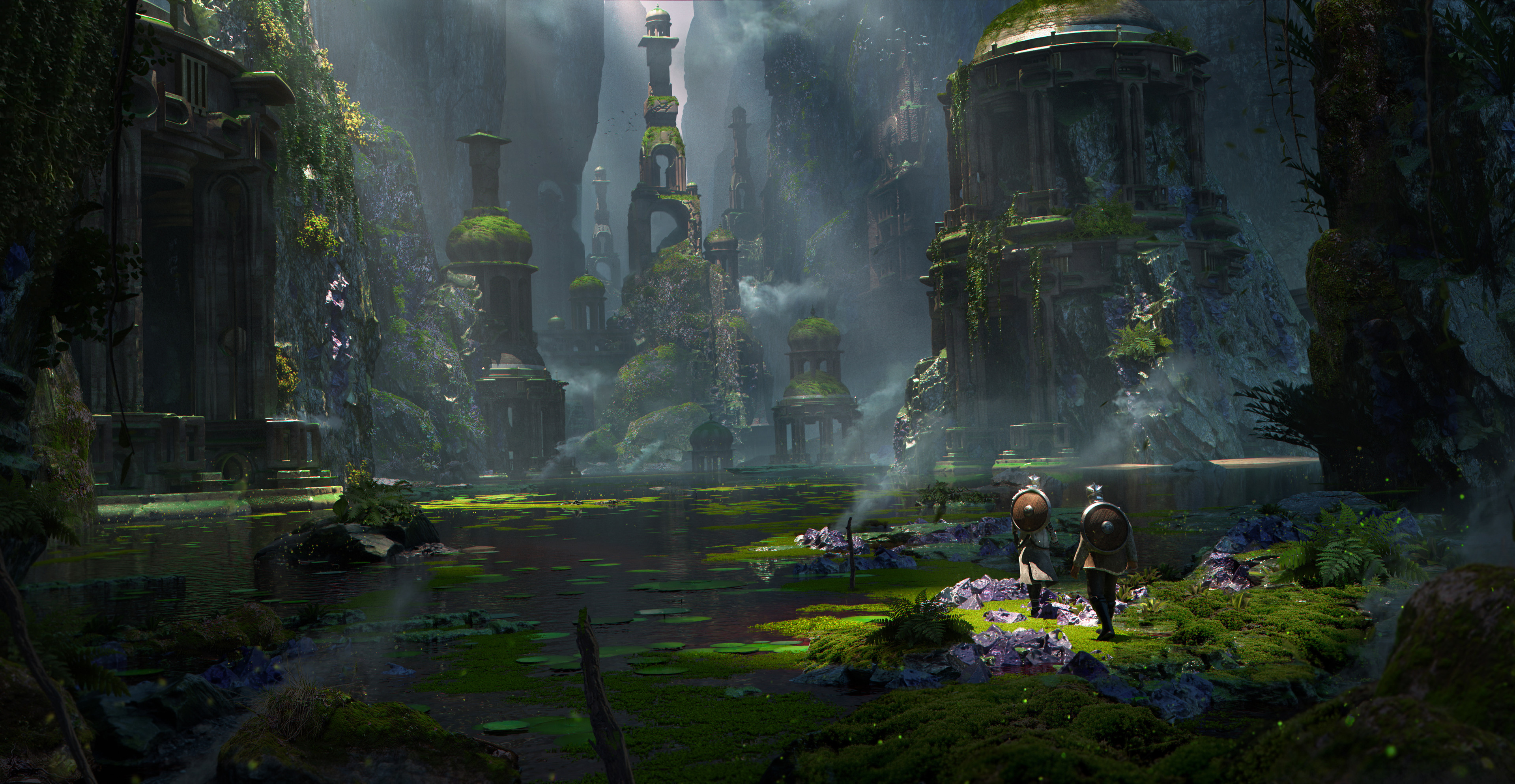 Two adventurers explore a moss-covered ancient city HD Wallpaper