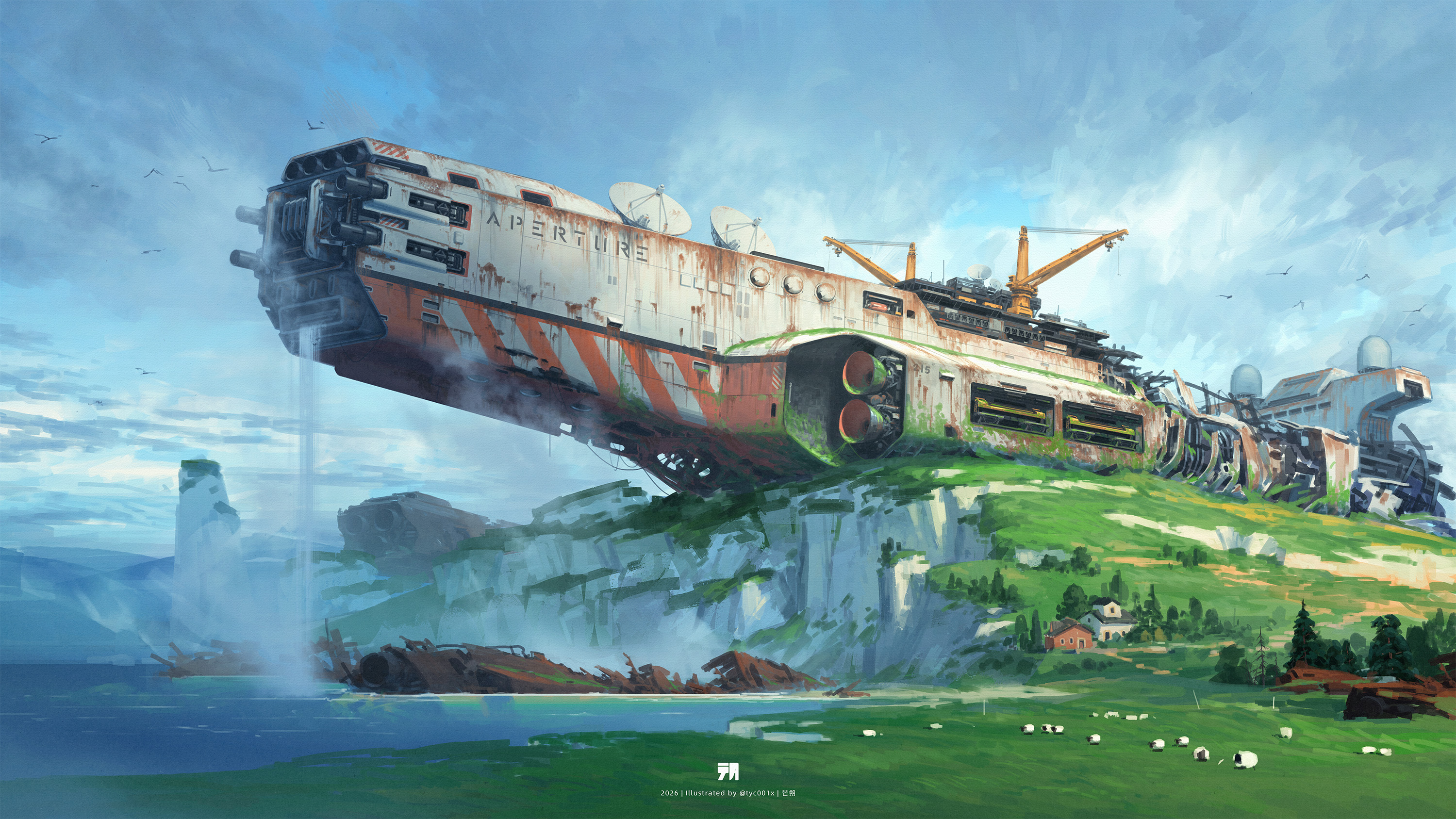 Aperture Science Spaceship Resting on a Grassy Hillside HD Wallpaper