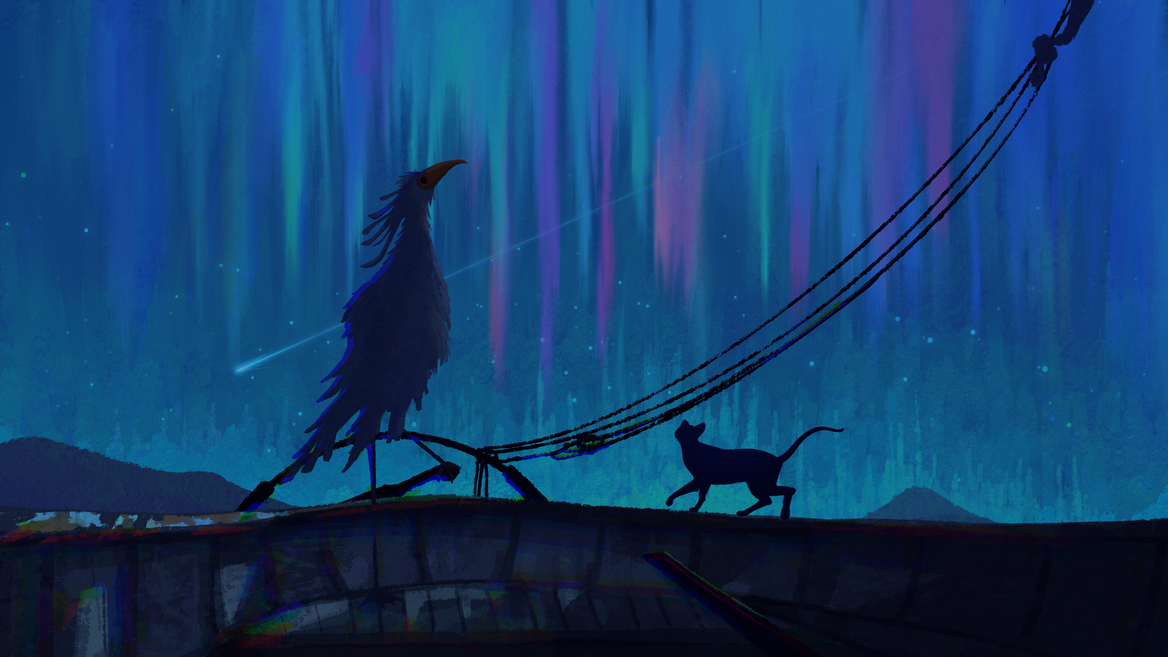 Flow (movie) bird and cat under aurora HD Wallpaper