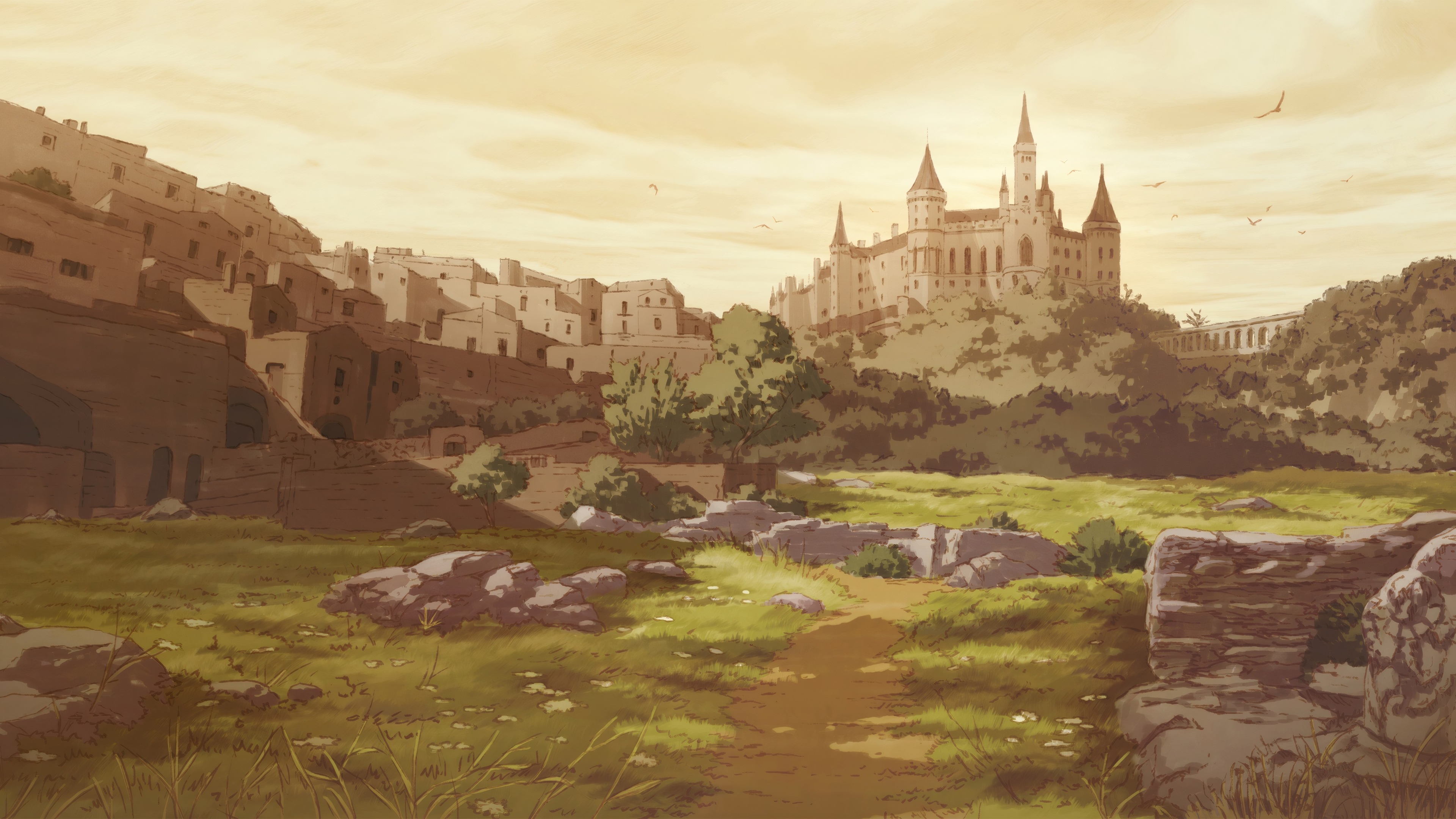 Scenery: Chateau on a hill with a path HD Wallpaper