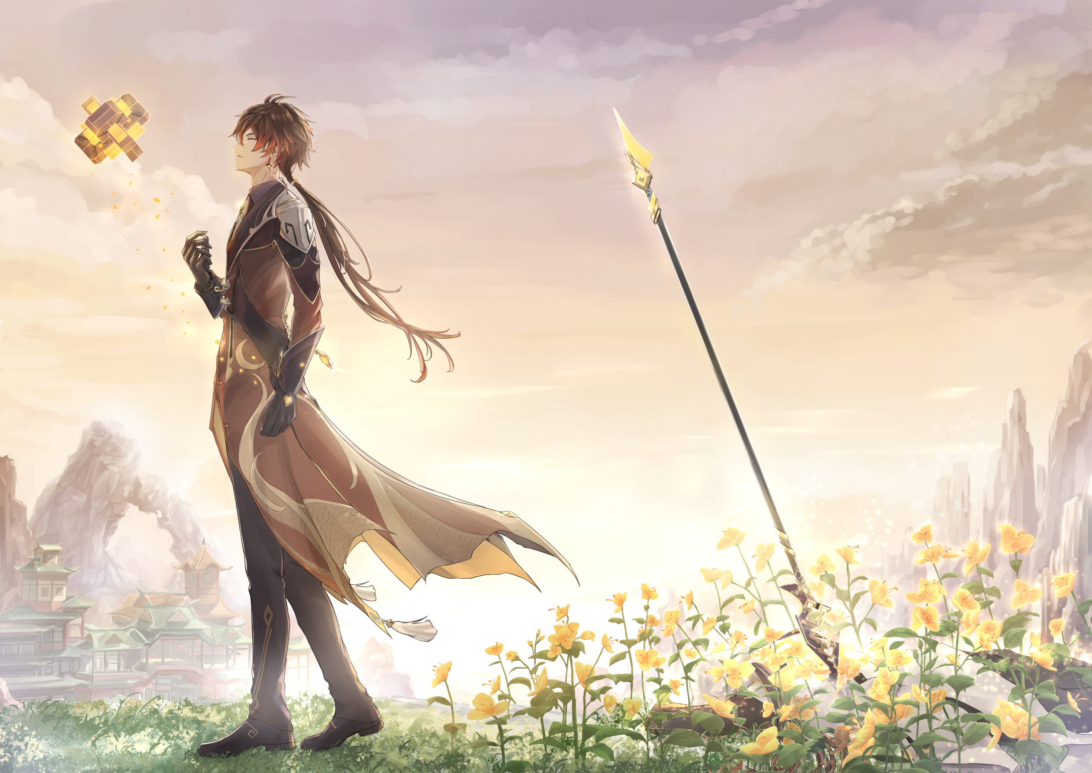 Zhongli with a Geo construct and spear HD Wallpaper