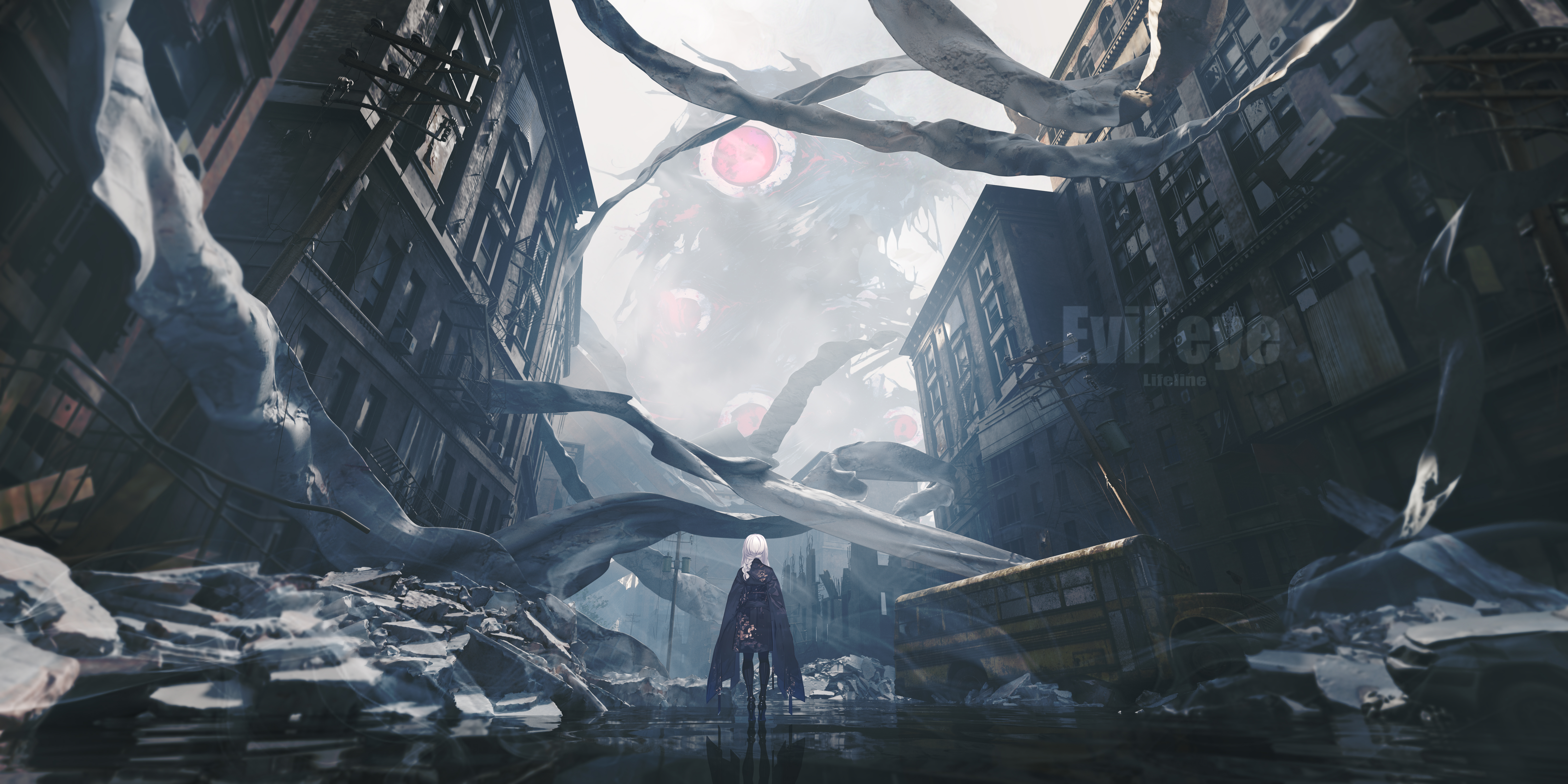 Creature with pink eyes looms over a city street HD Wallpaper