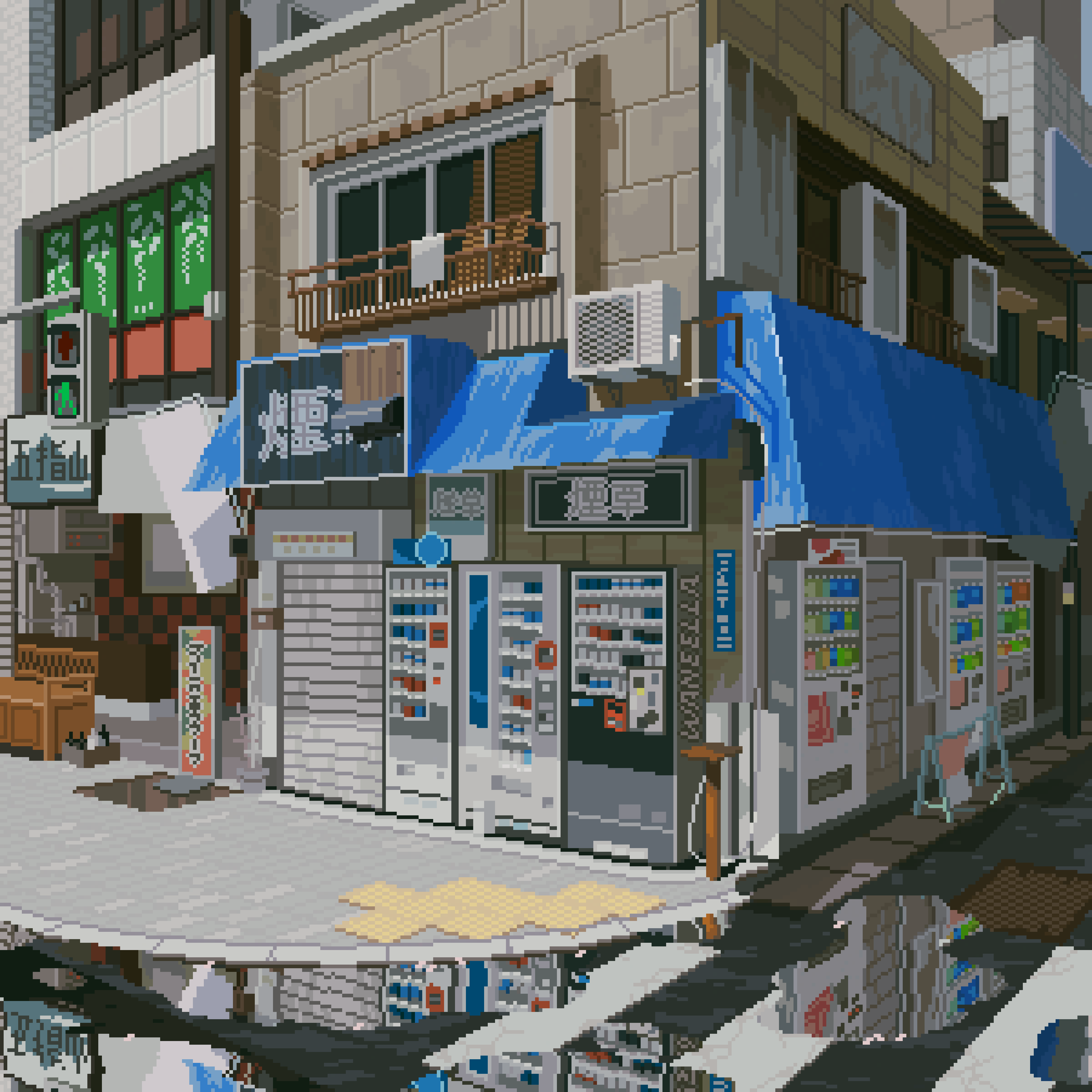 Pixel art Japanese town street with vending machines HD Wallpaper