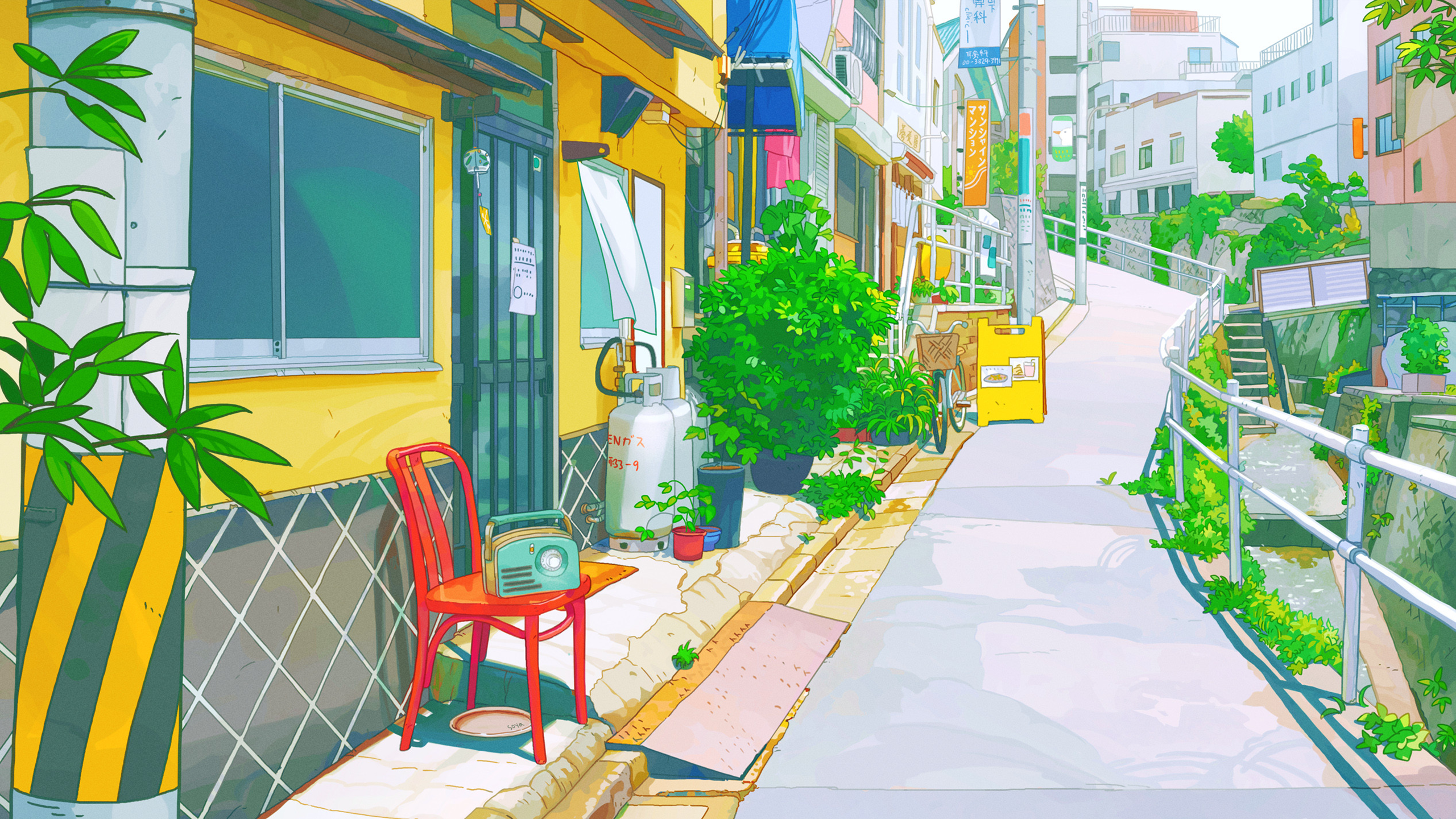 Jazz illustration of a street with a red chair HD Wallpaper