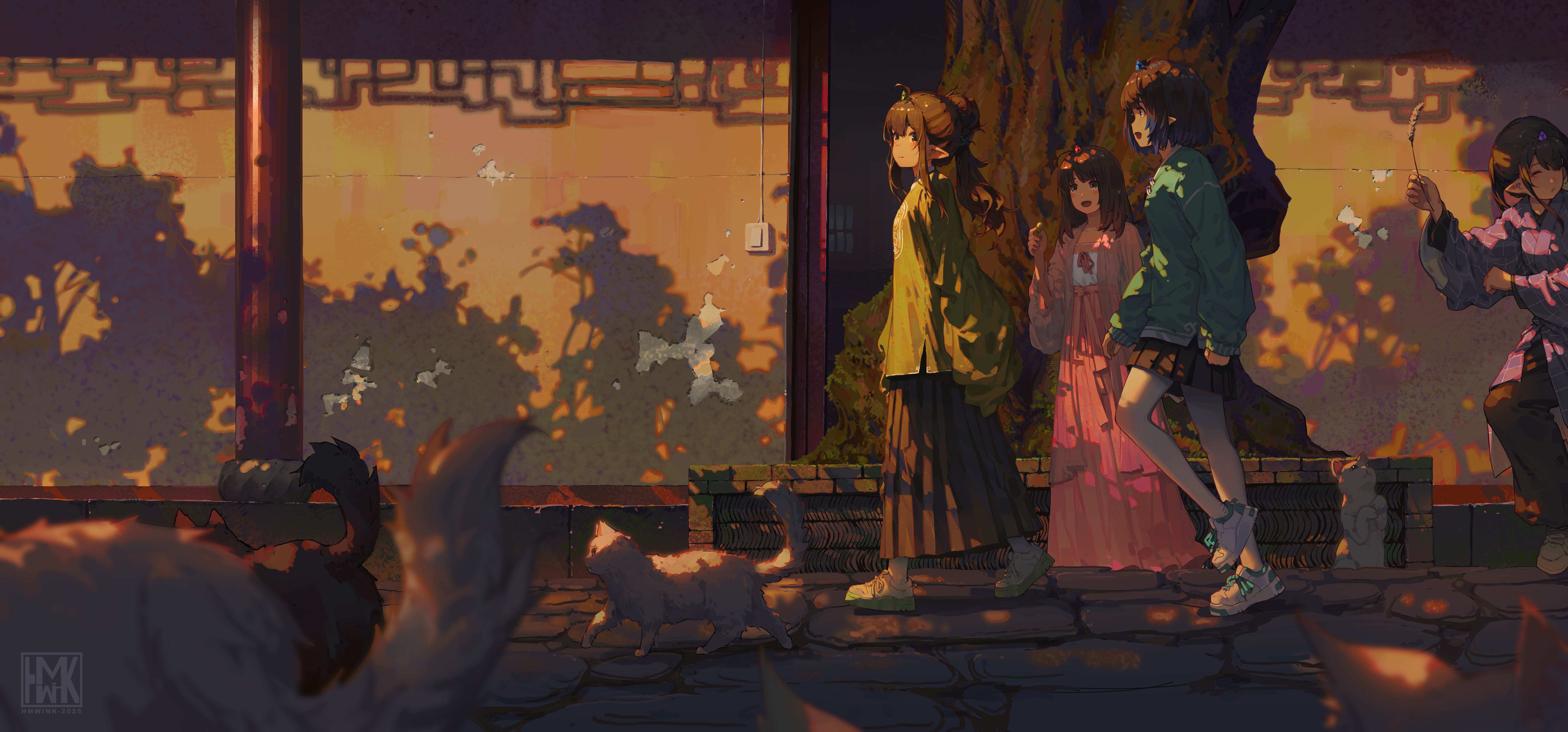 Anime girls walking in sunlight with cats HD Wallpaper
