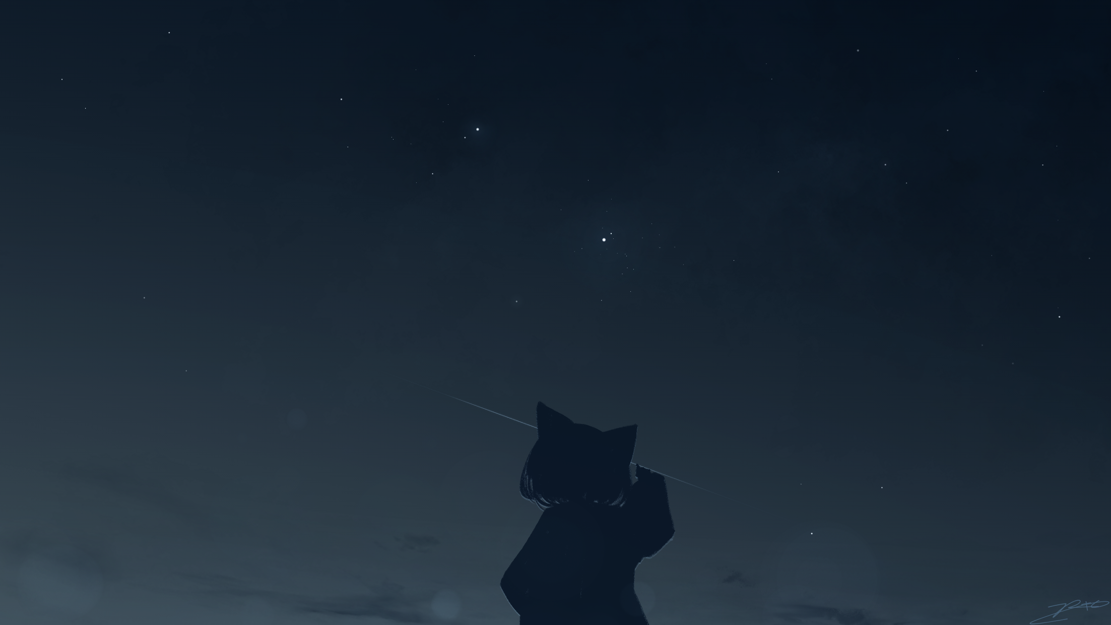 Silhouette of a character with fox ears pointing at the night sky HD Wallpaper