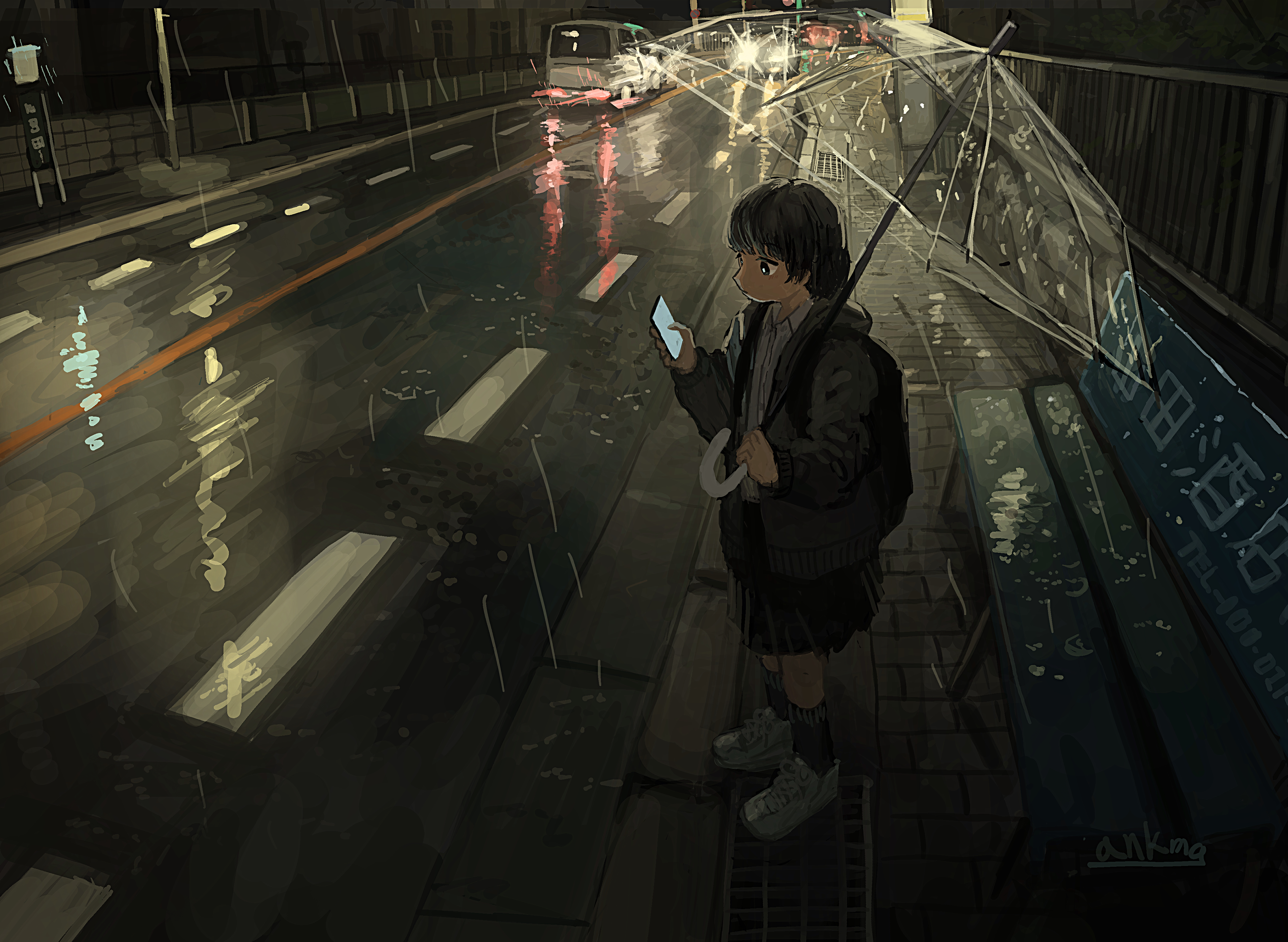 Anime girl with umbrella checking phone on rainy street HD Wallpaper
