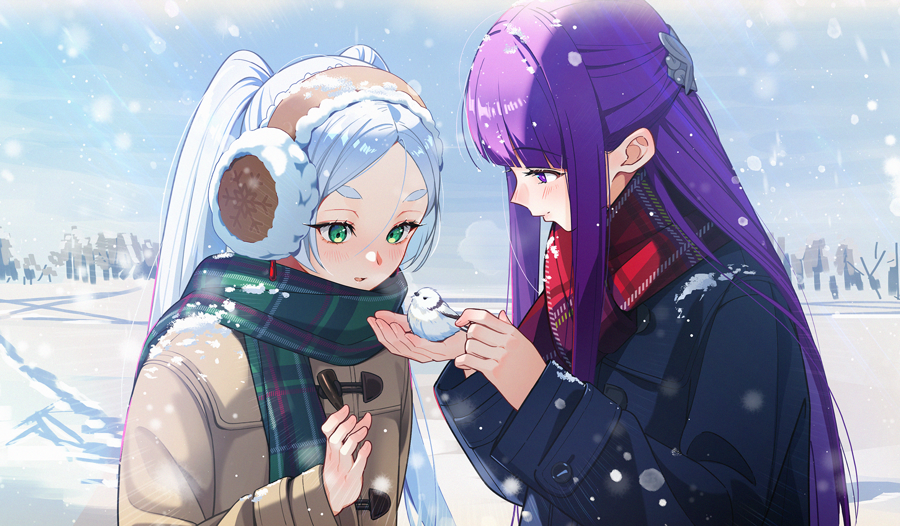 Frieren and companion with a bird in the snow HD Wallpaper