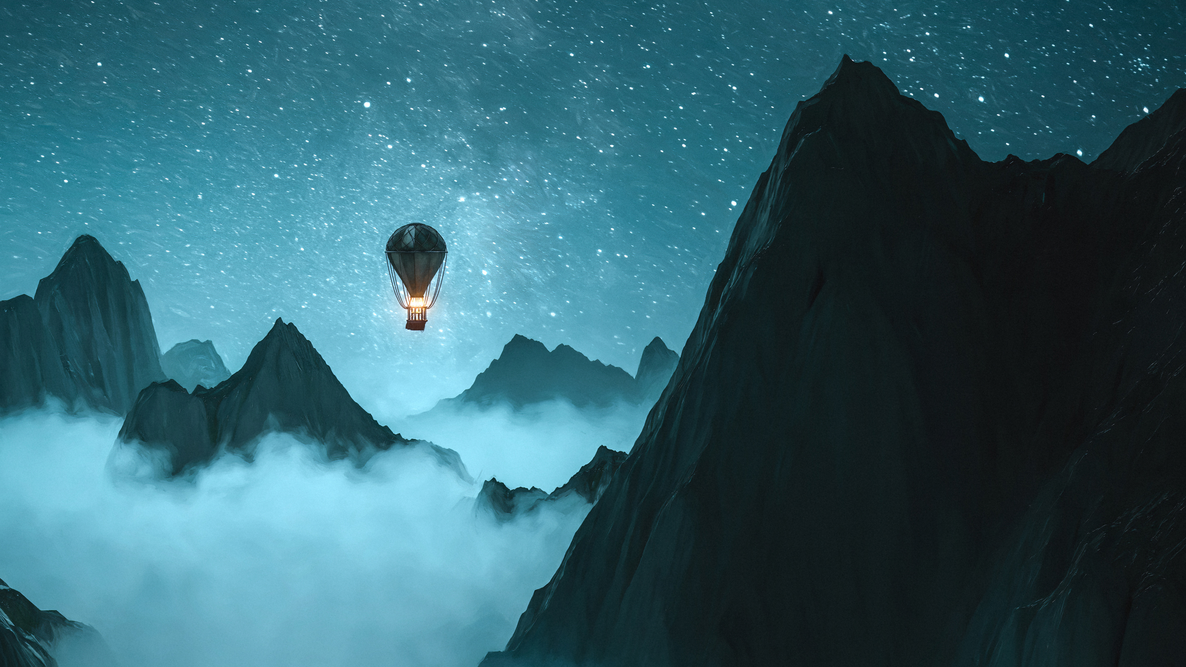 Hot Air Balloon Over Misty Mountains Under Starry Night Sky HD Wallpaper
