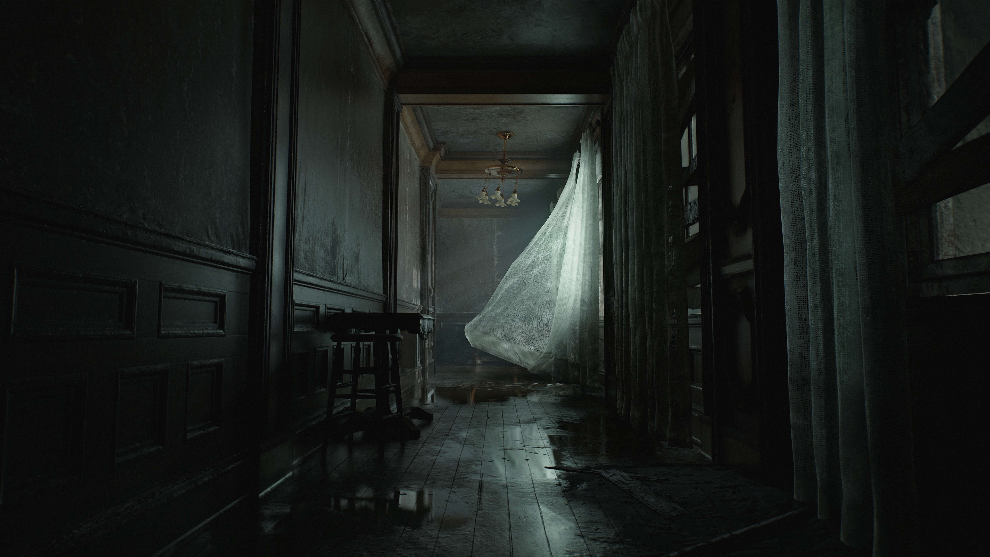 Resident Evil Requiem hallway with flowing curtains HD Wallpaper