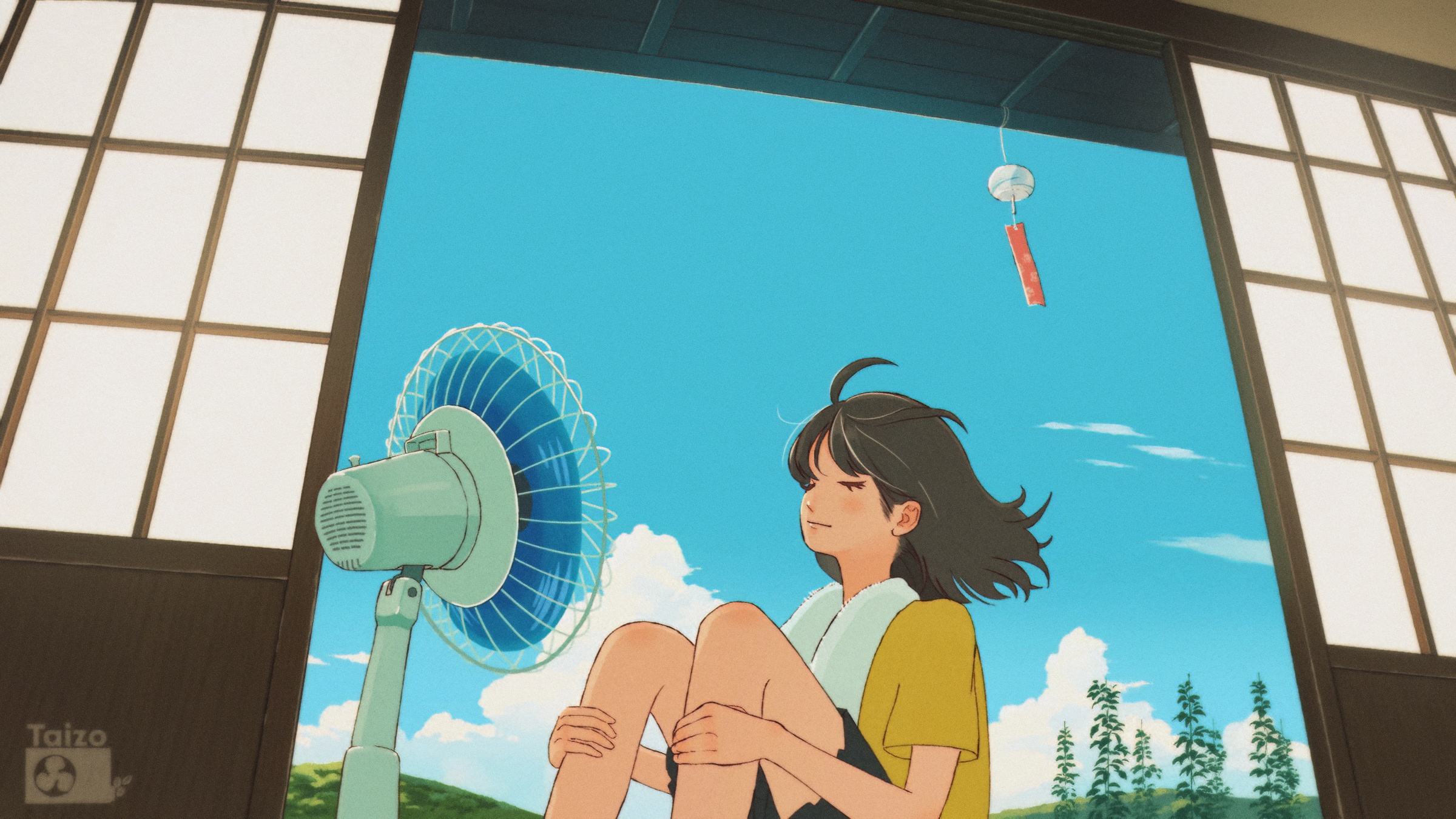 Woman sitting in front of a fan on a hot day HD Wallpaper