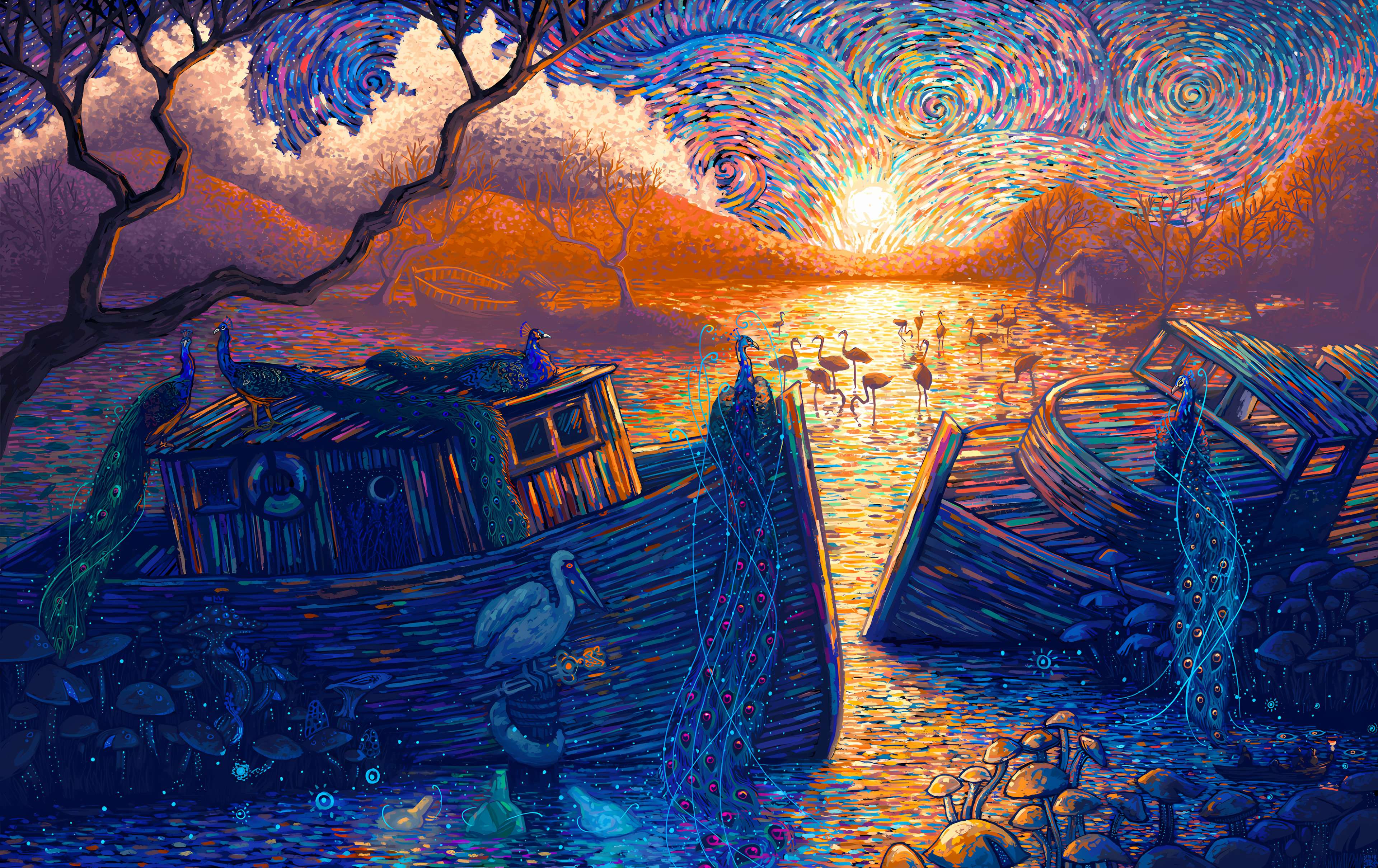 Shipwreck with flamingos at sunset HD Wallpaper