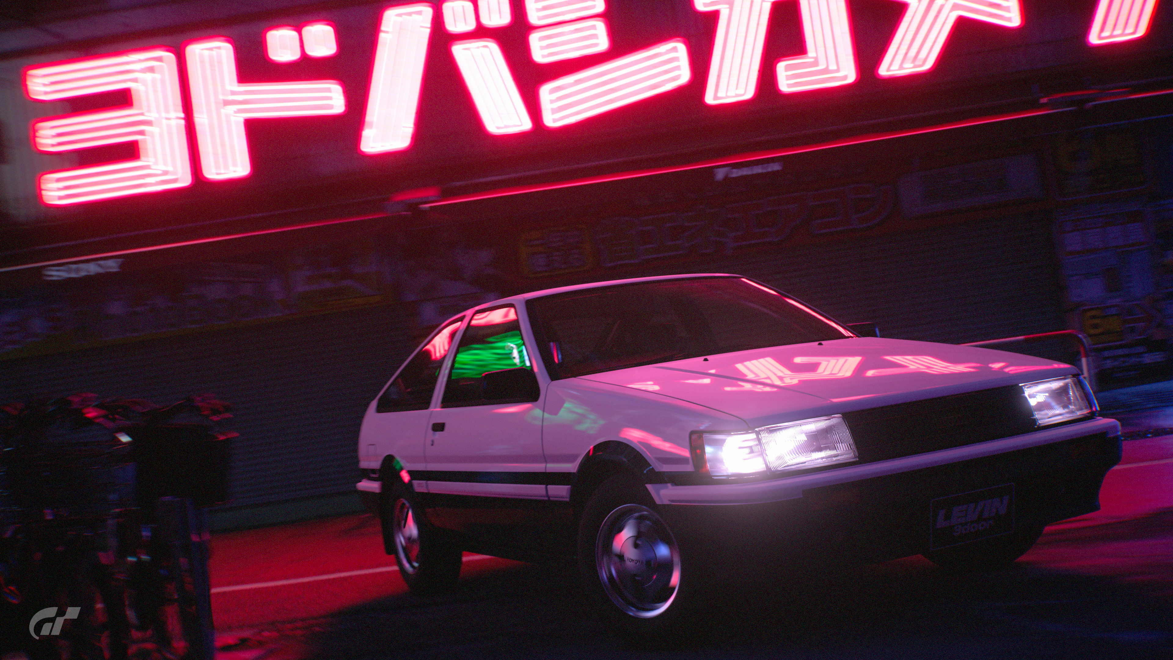 Toyota AE86 in front of neon Japanese sign HD Wallpaper