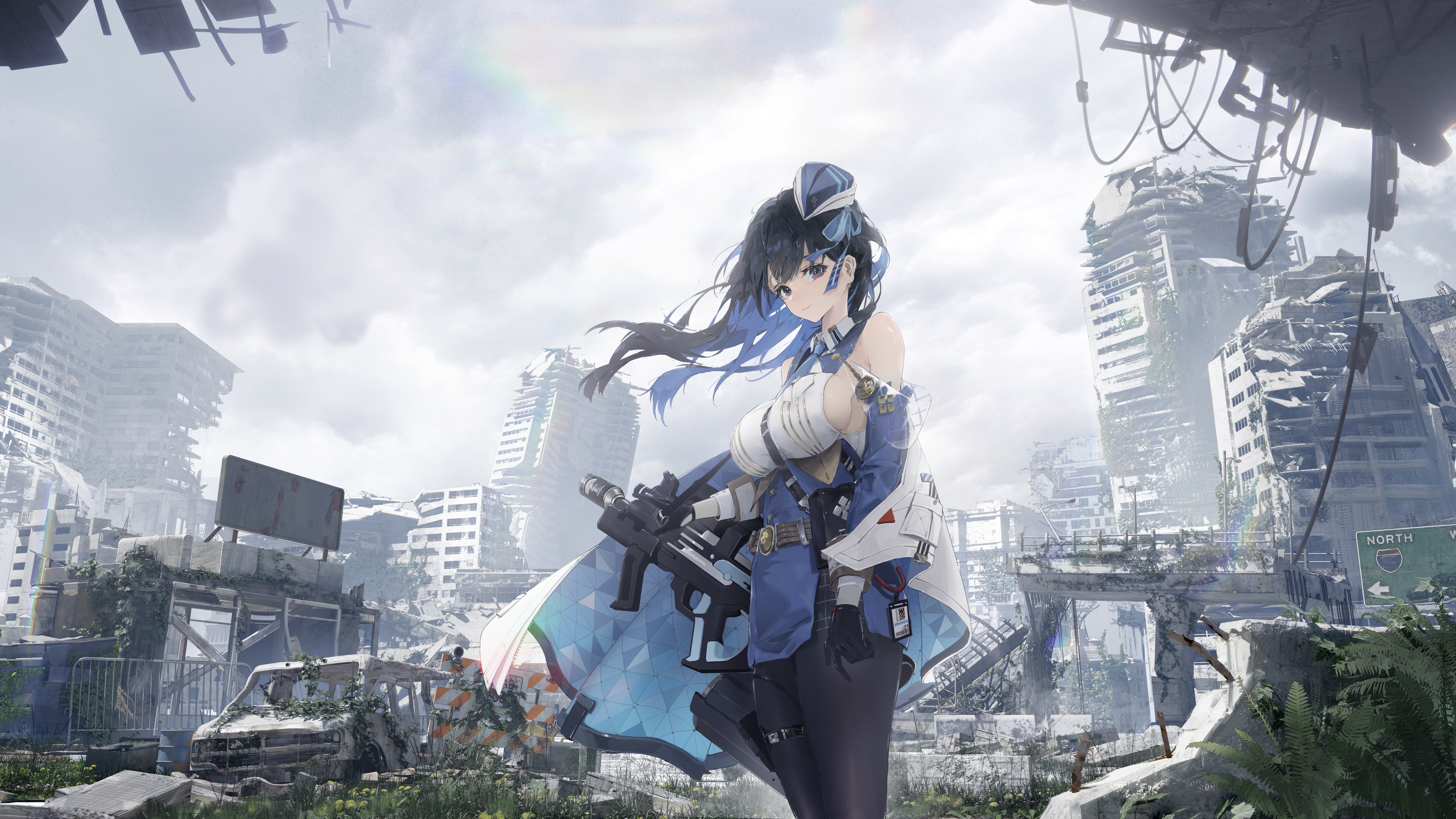 Marian (Nikke) with a gun in a ruined city HD Wallpaper