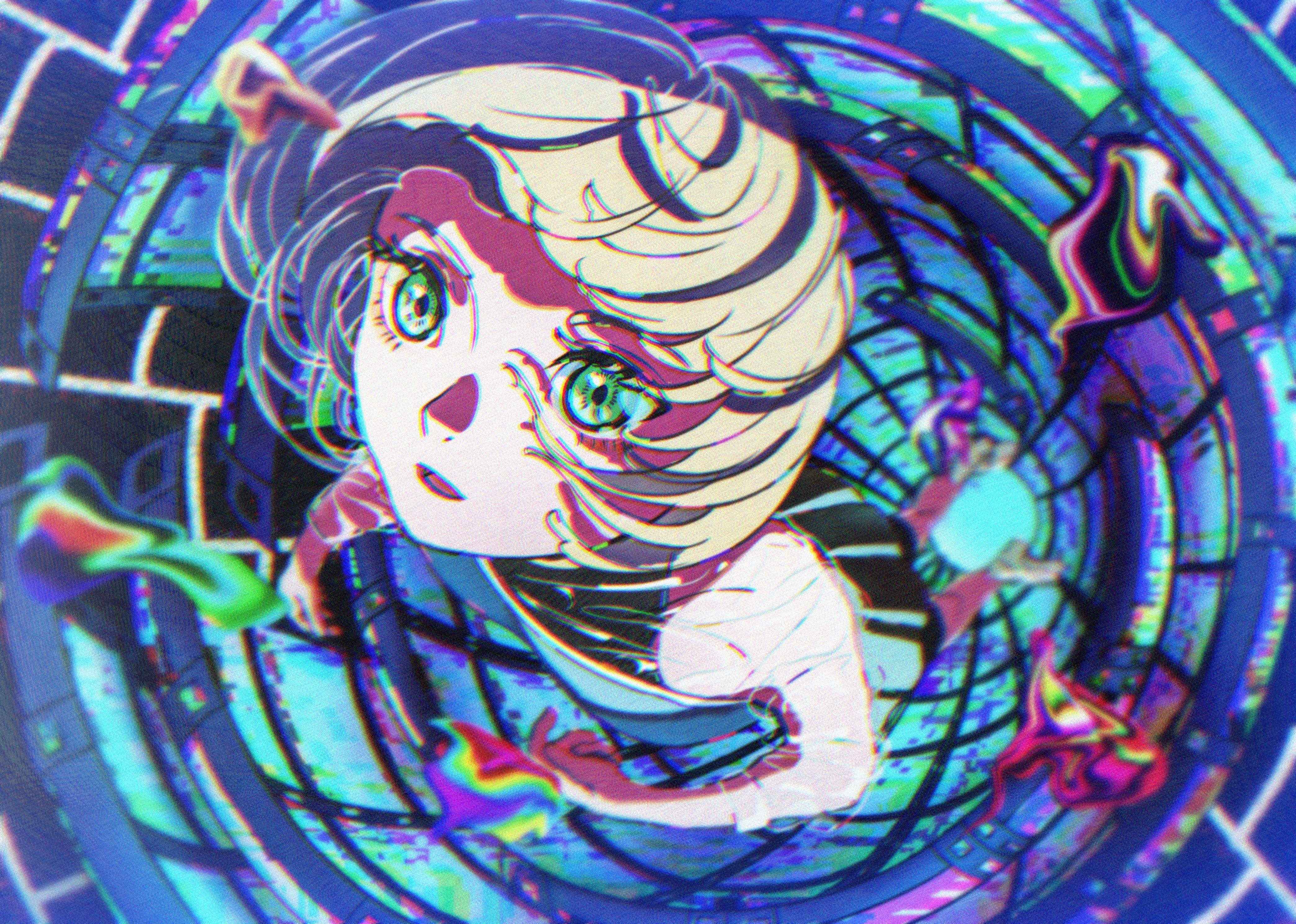 anime girls with blonde hair and green eyes in a tunnel HD Wallpaper