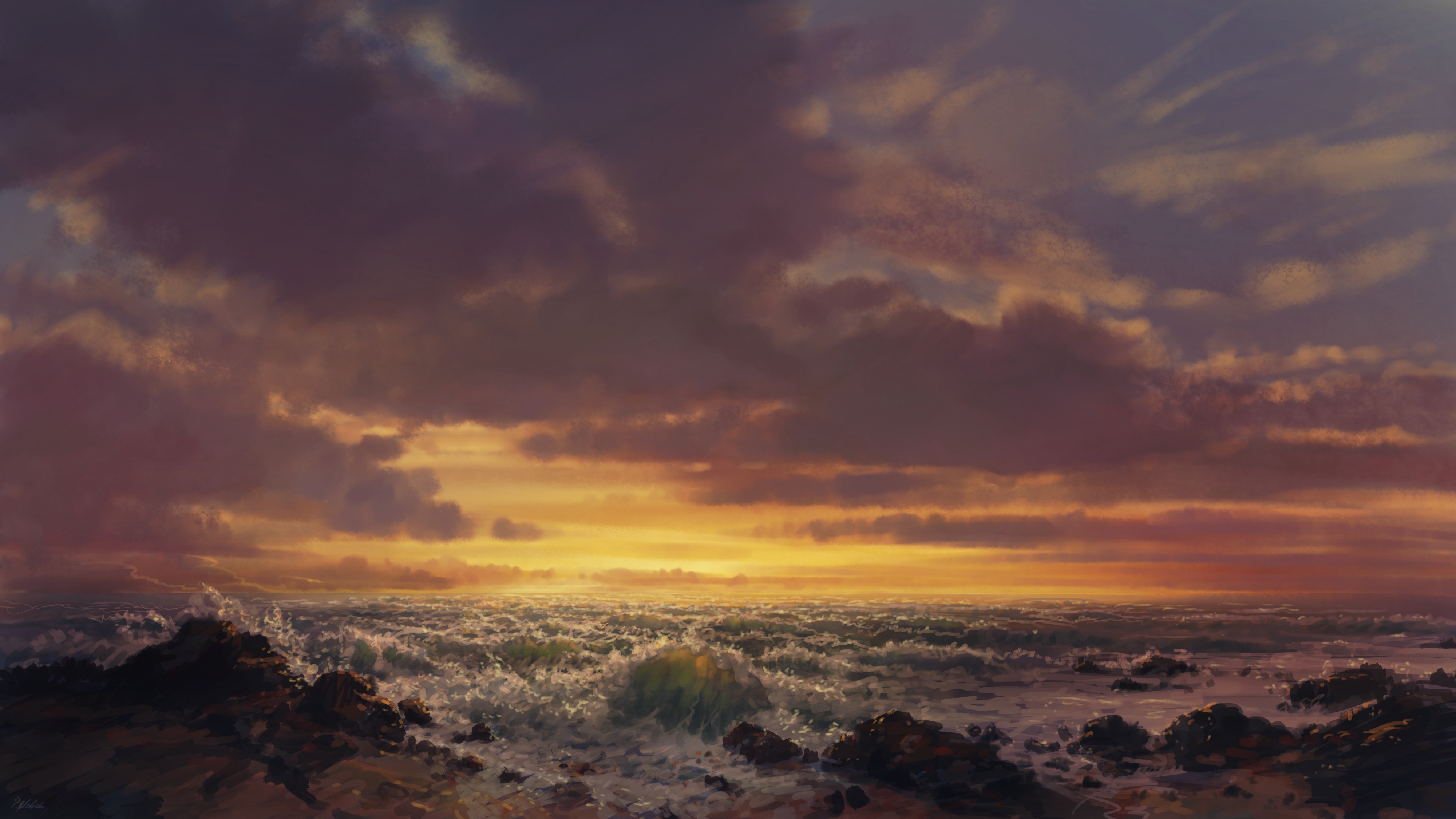 Scenery: Sunset over a rocky beach with crashing waves HD Wallpaper