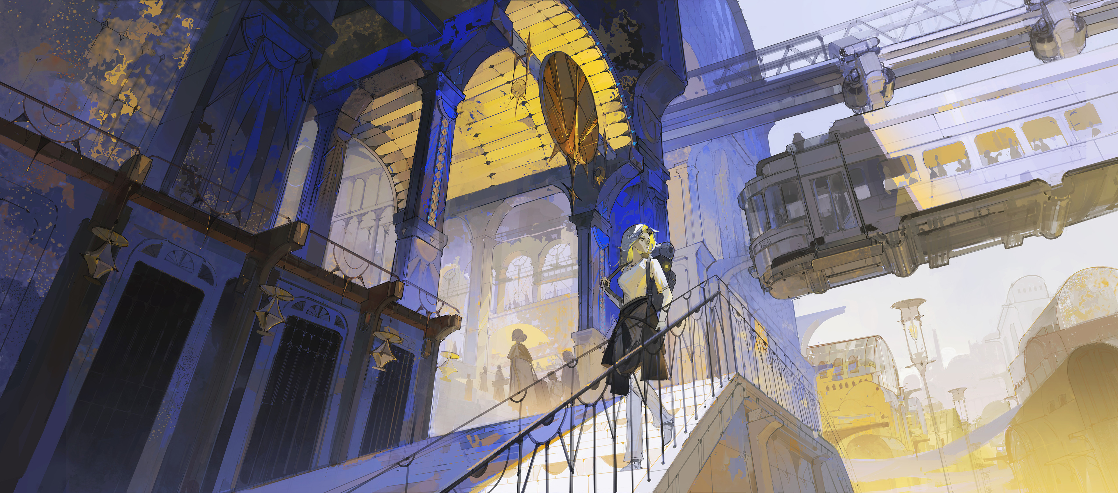 Woman on stairs in colorful, futuristic architecture HD Wallpaper
