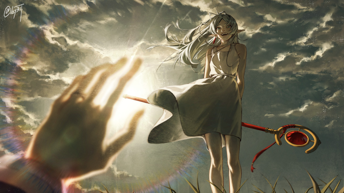 Frieren with a staff in a field under cloudy skies HD Wallpaper