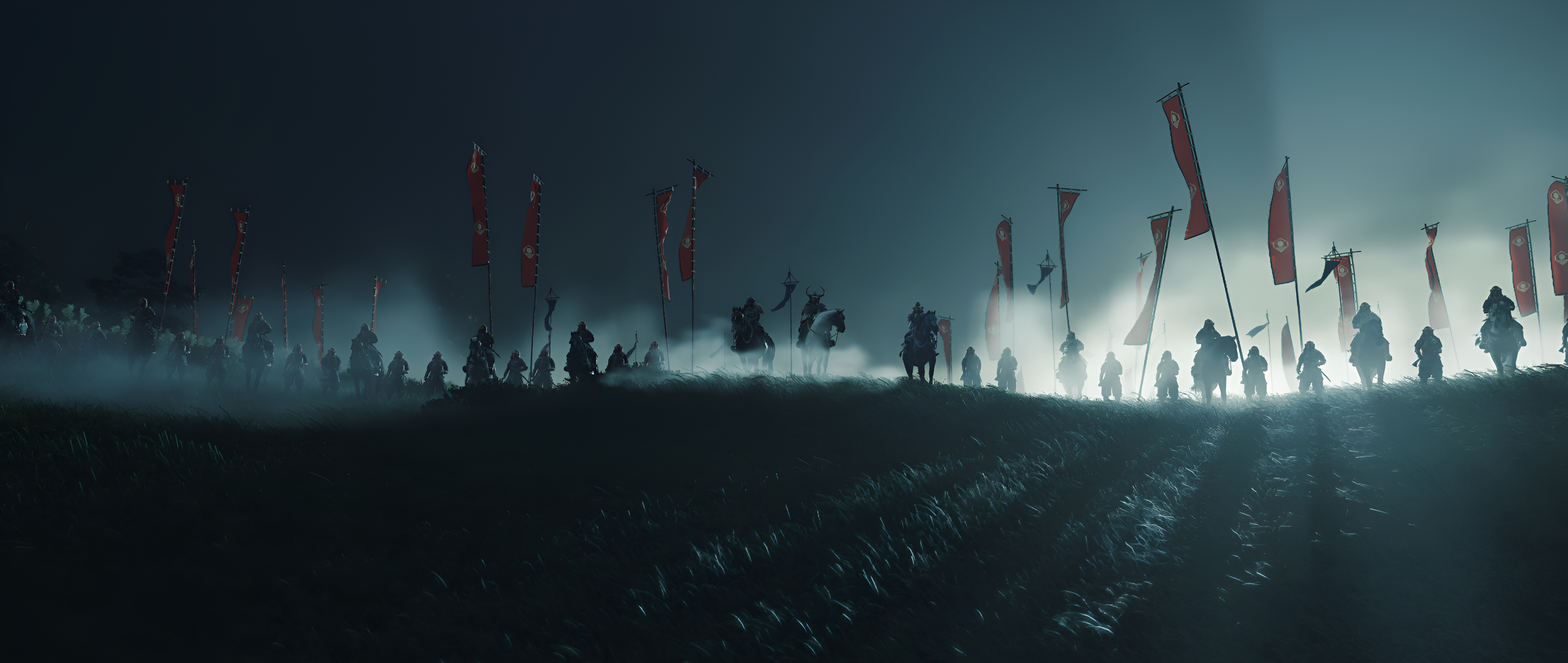 Ghost of Tsushima army with flags on horses HD Wallpaper