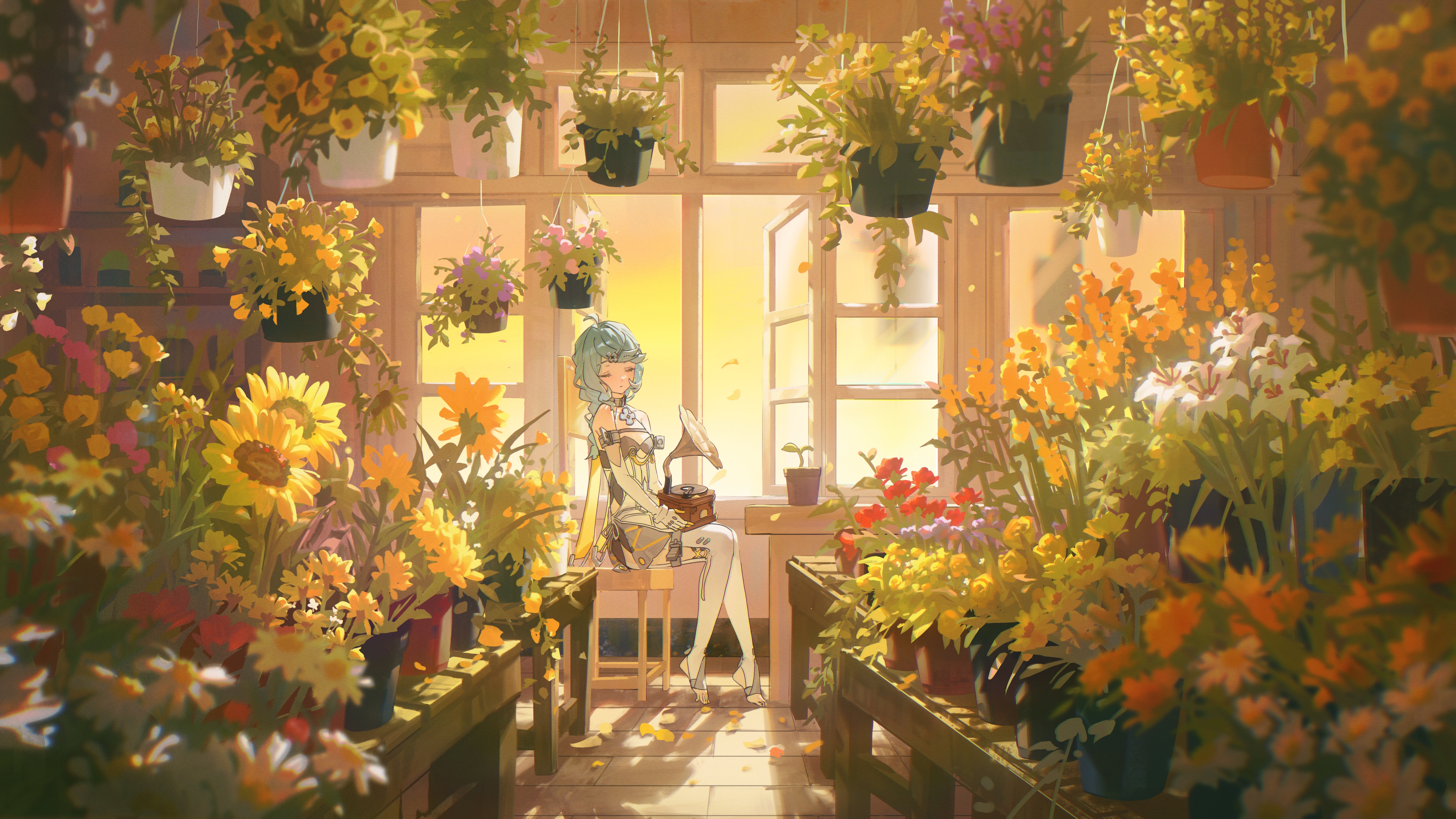 Zenless Zone Zero anime girl in a sunlit flower shop HD Wallpaper