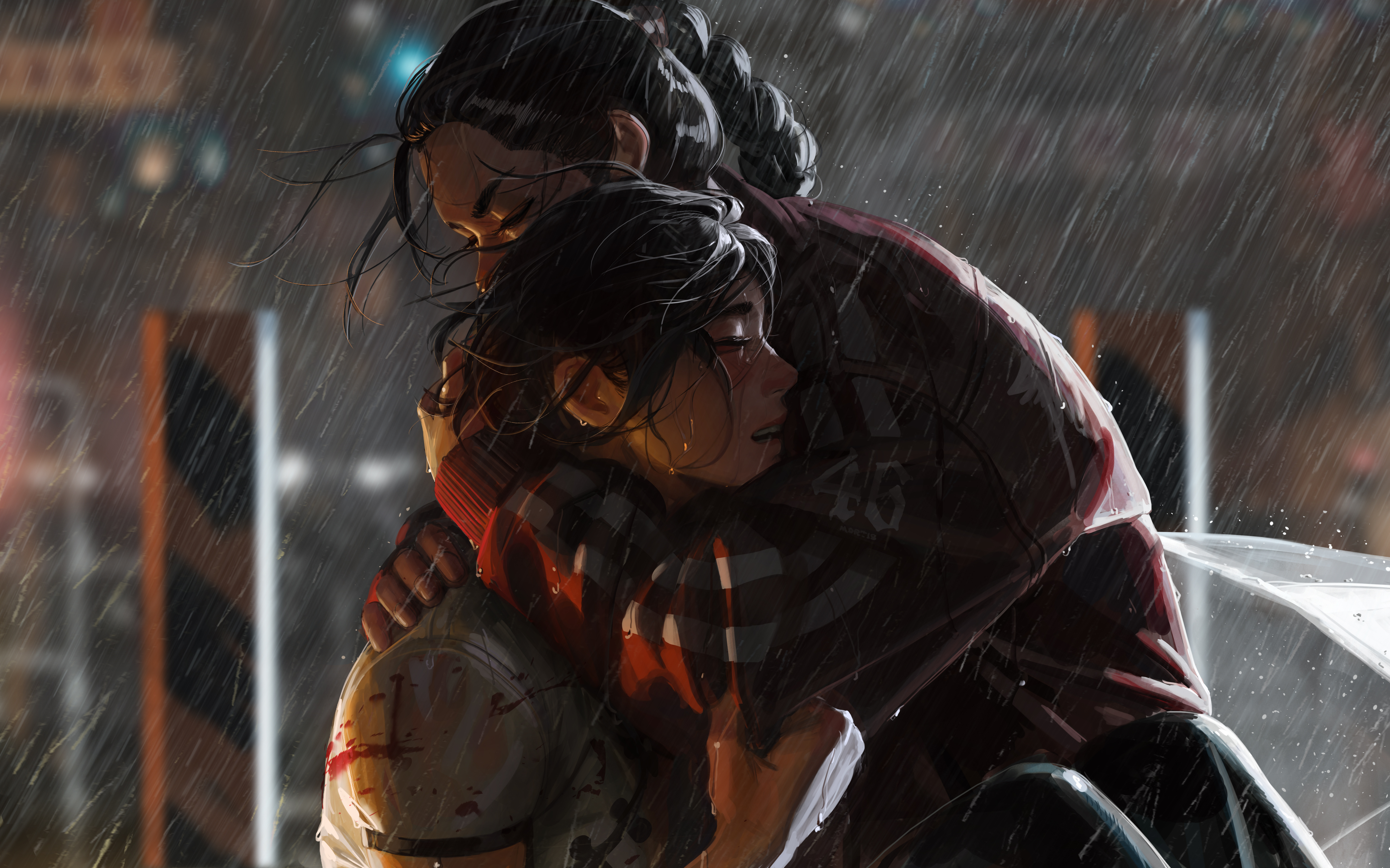 Two women embracing in the rain HD Wallpaper