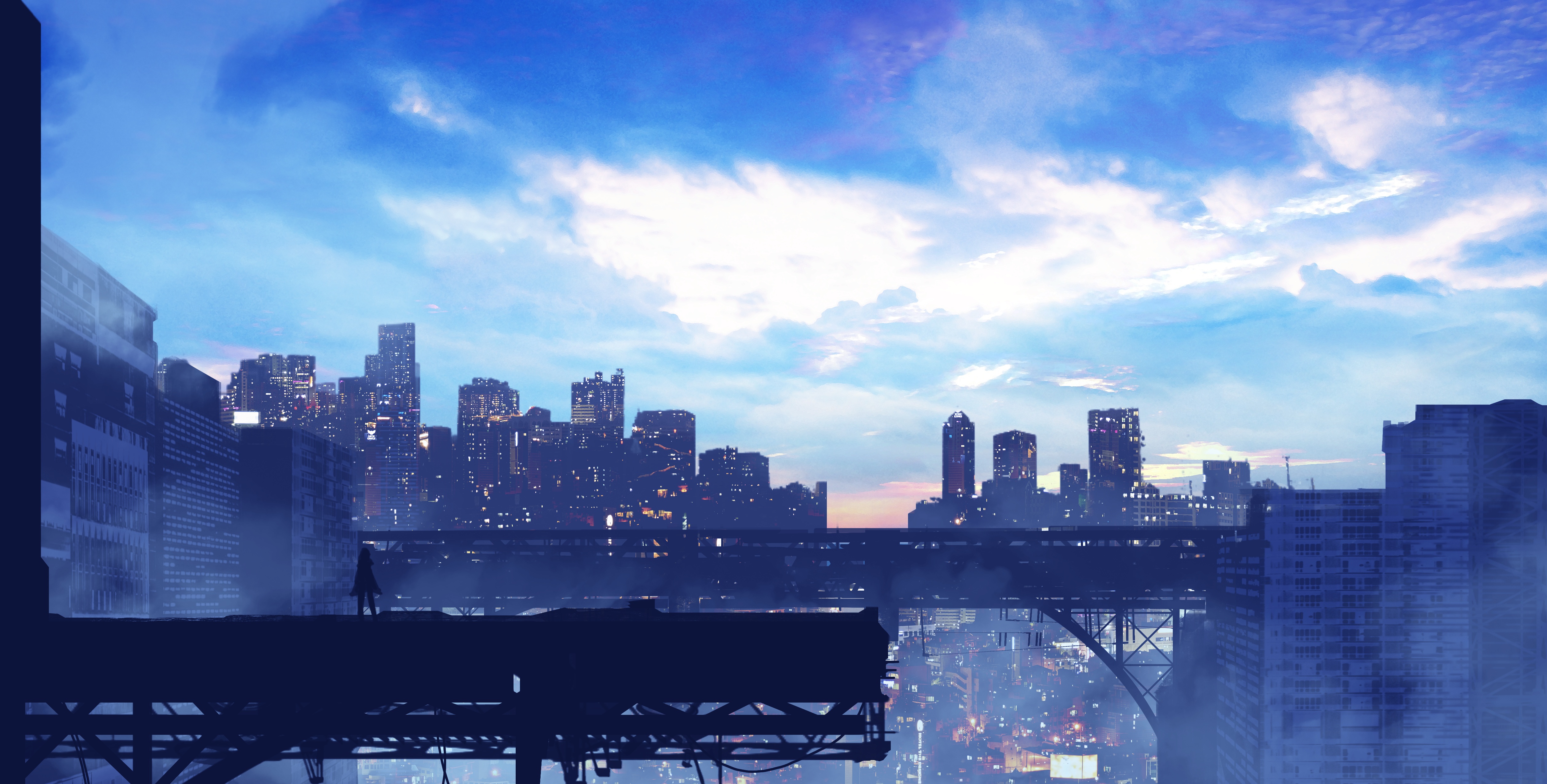 Futuristic cityscape with a lone figure on a rooftop HD Wallpaper