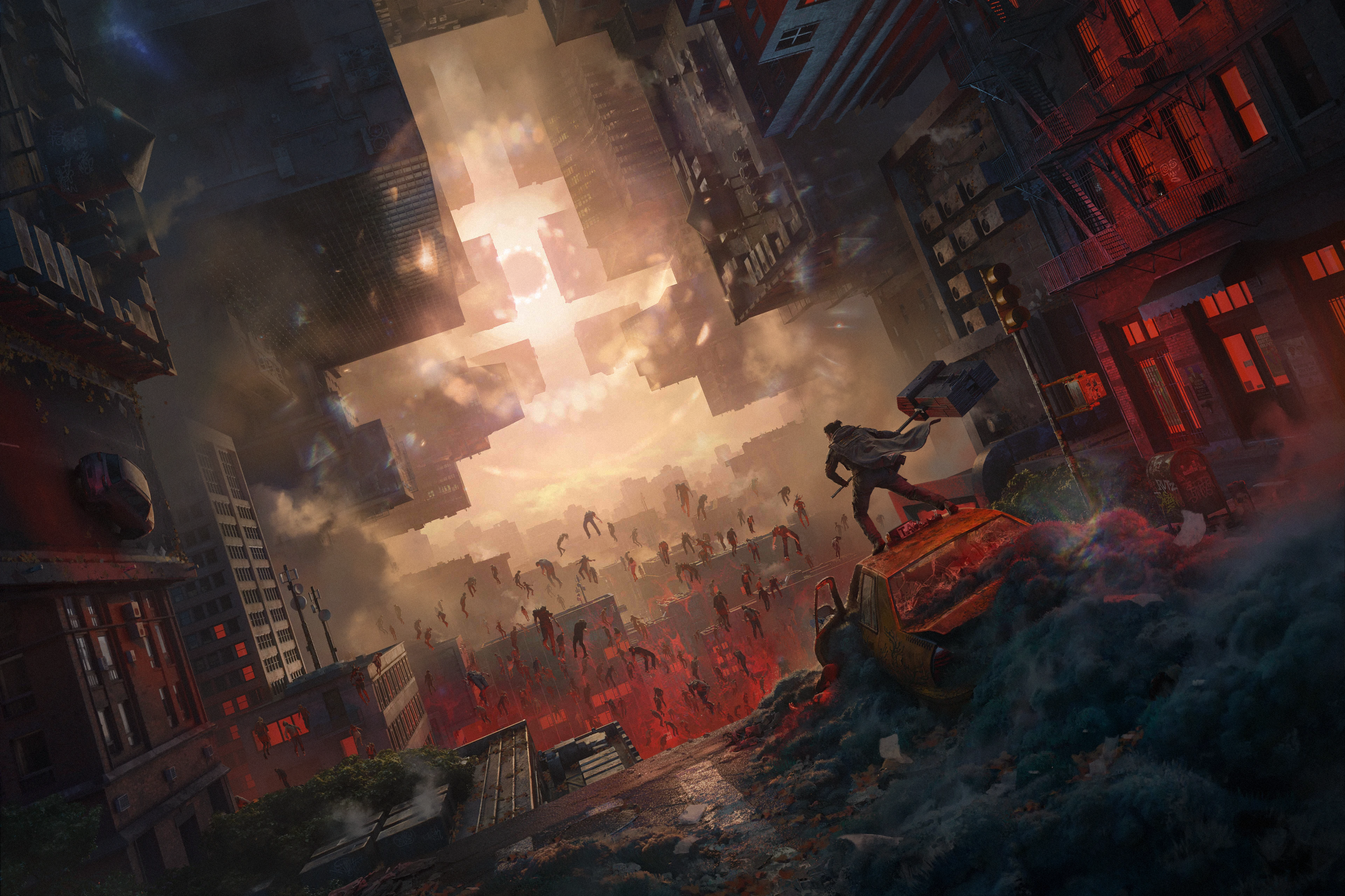 Control video game art with Jesse Faden in an apocalyptic city HD Wallpaper