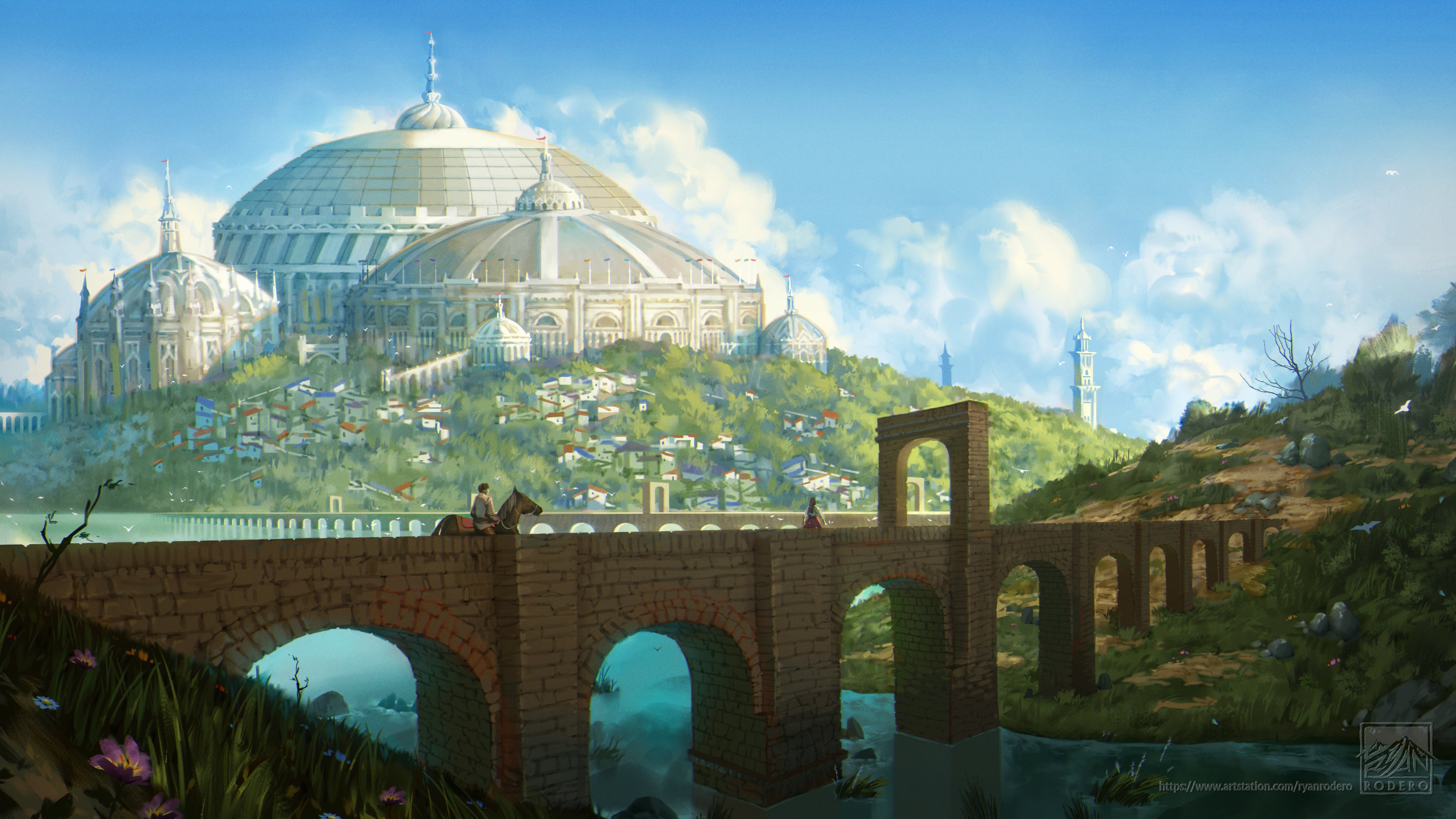 Ancient city with domed buildings and a stone bridge HD Wallpaper