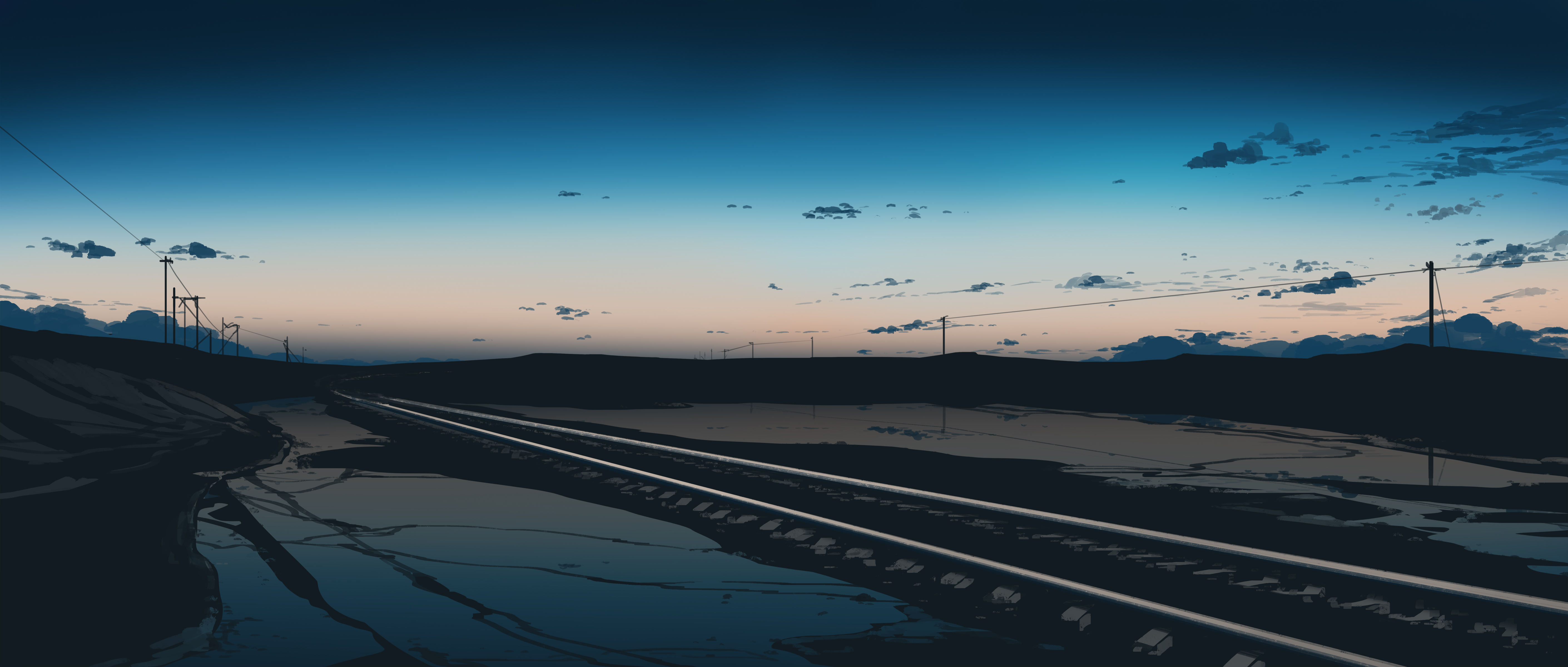 Railway tracks at dusk with reflection and gradient sky HD Wallpaper