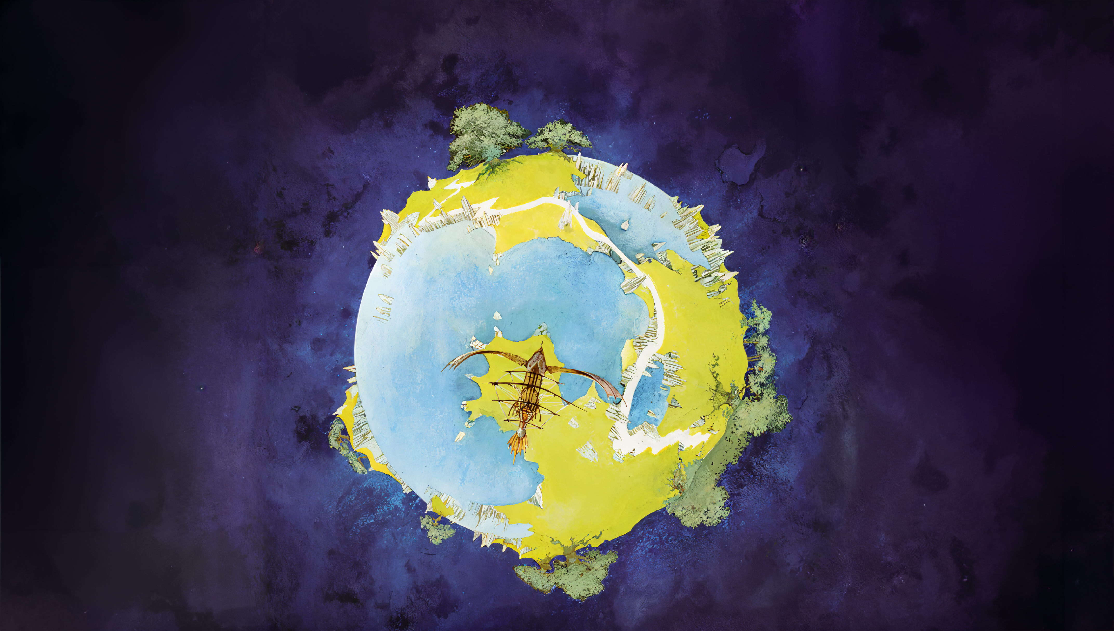 Album cover artwork of a planetoid with a creature flying HD Wallpaper