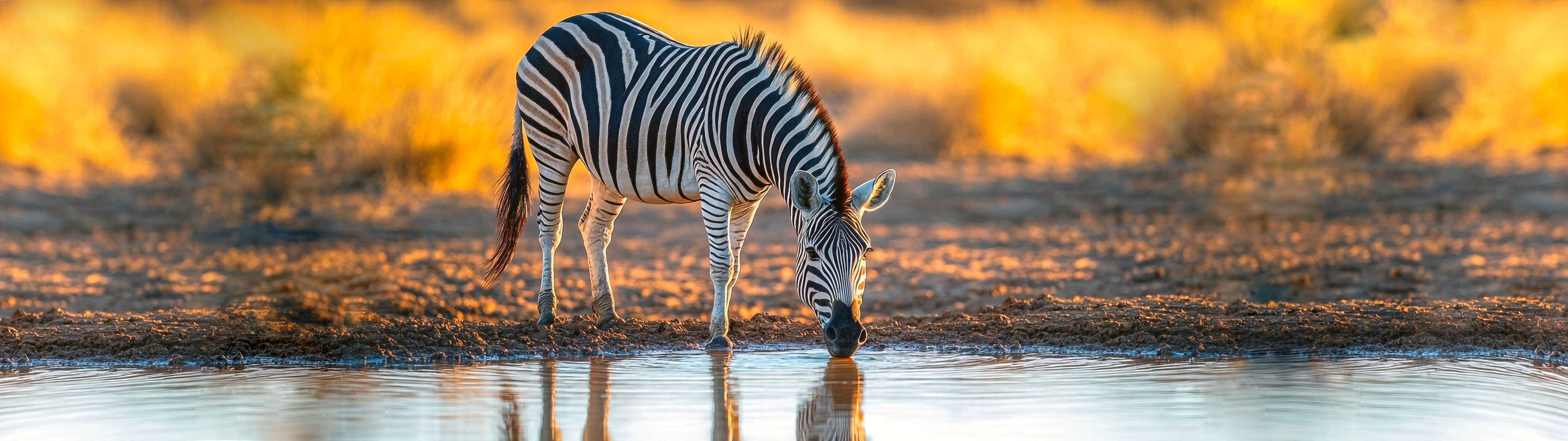 Zebra drinking water at sunset HD Wallpaper