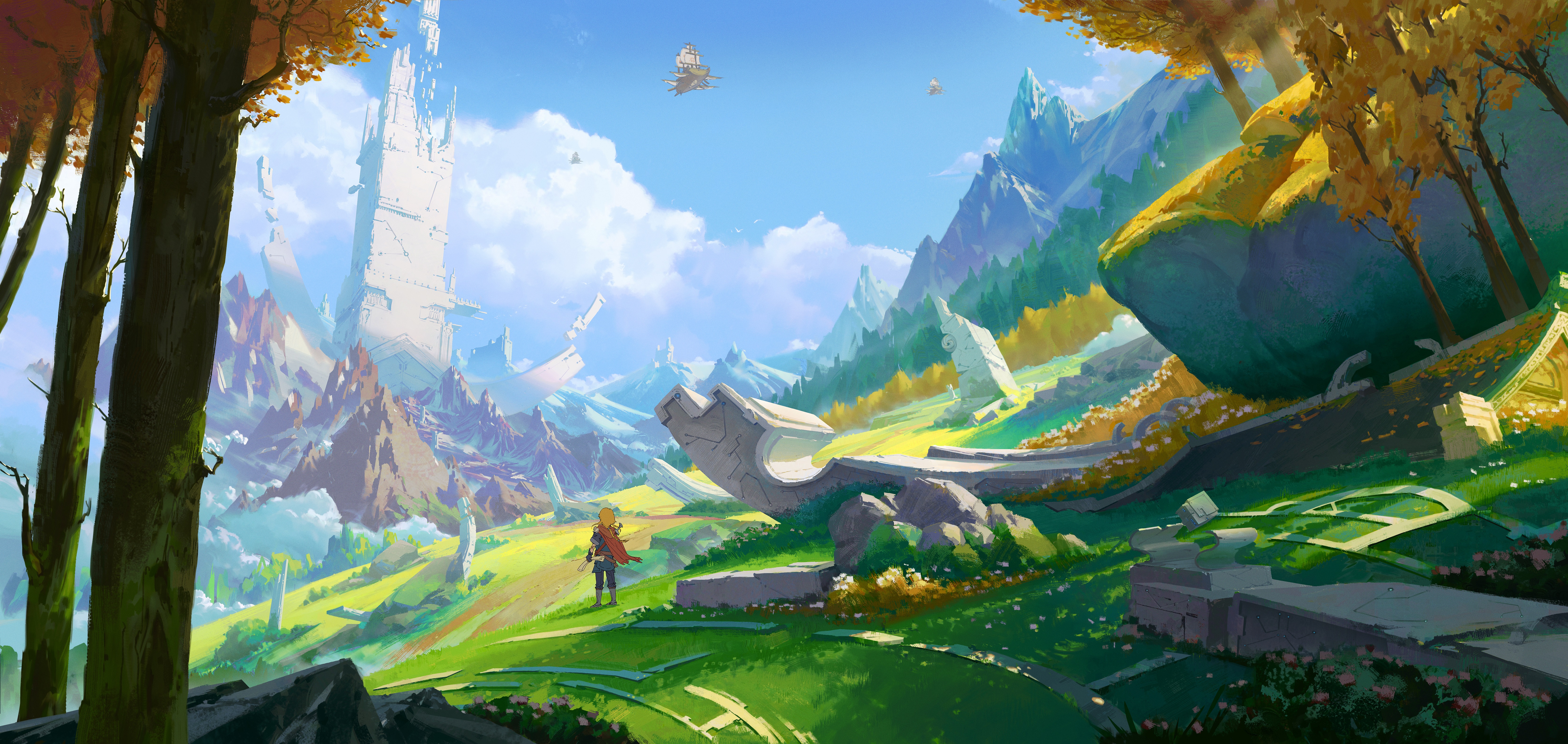 A lone figure stands in a vast, alien landscape with ancient ruins. HD Wallpaper