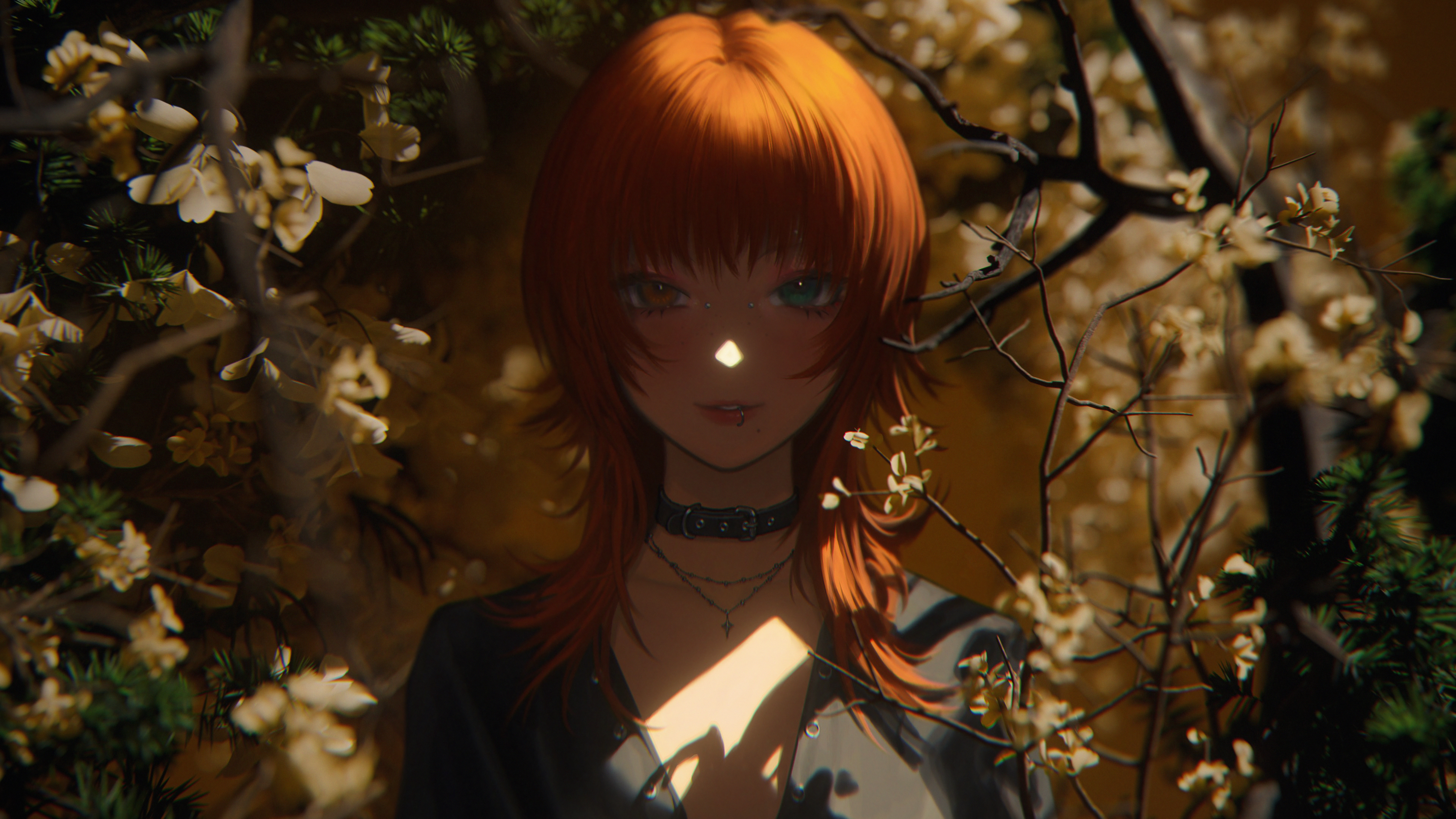 Anime girl with orange hair in a forest HD Wallpaper