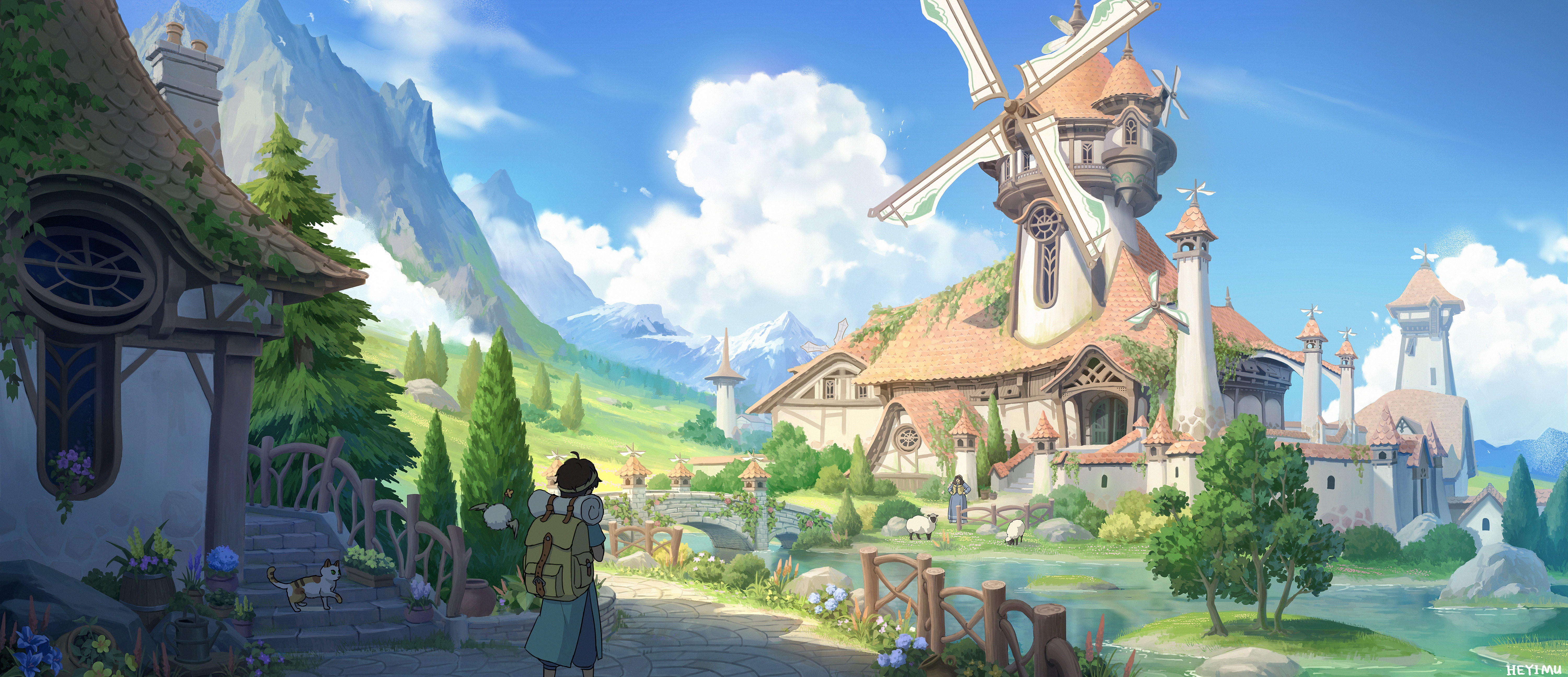 Person with backpack walks towards a windmill village HD Wallpaper
