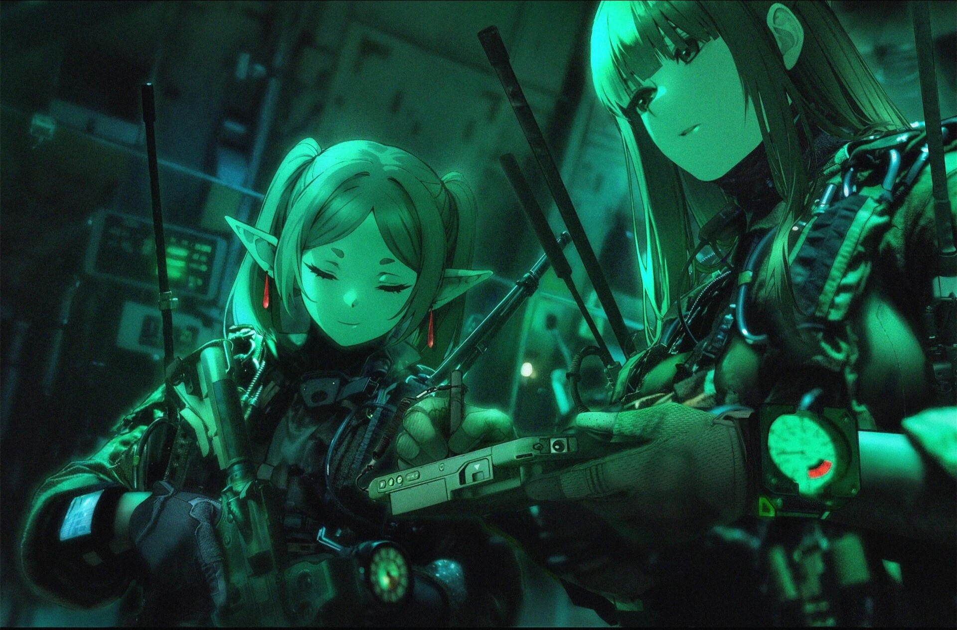 Frieren and Fern in a dark, green-lit interior HD Wallpaper
