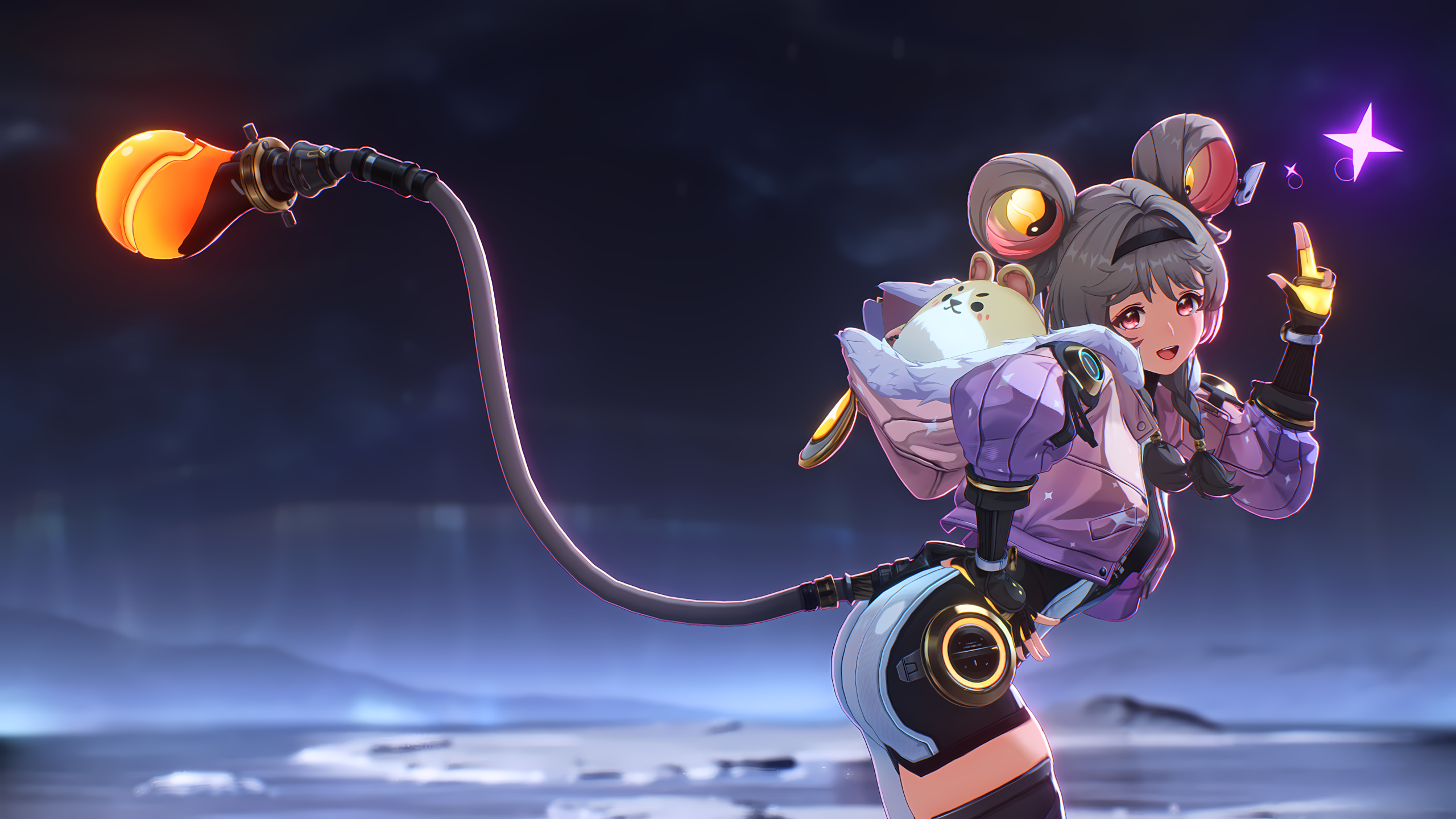 Lumi from Wuthering Waves with animal ears and pumpkin staff HD Wallpaper