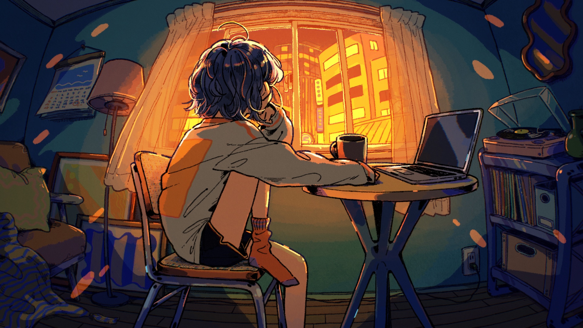 Woman sitting at a table with a laptop by the window HD Wallpaper
