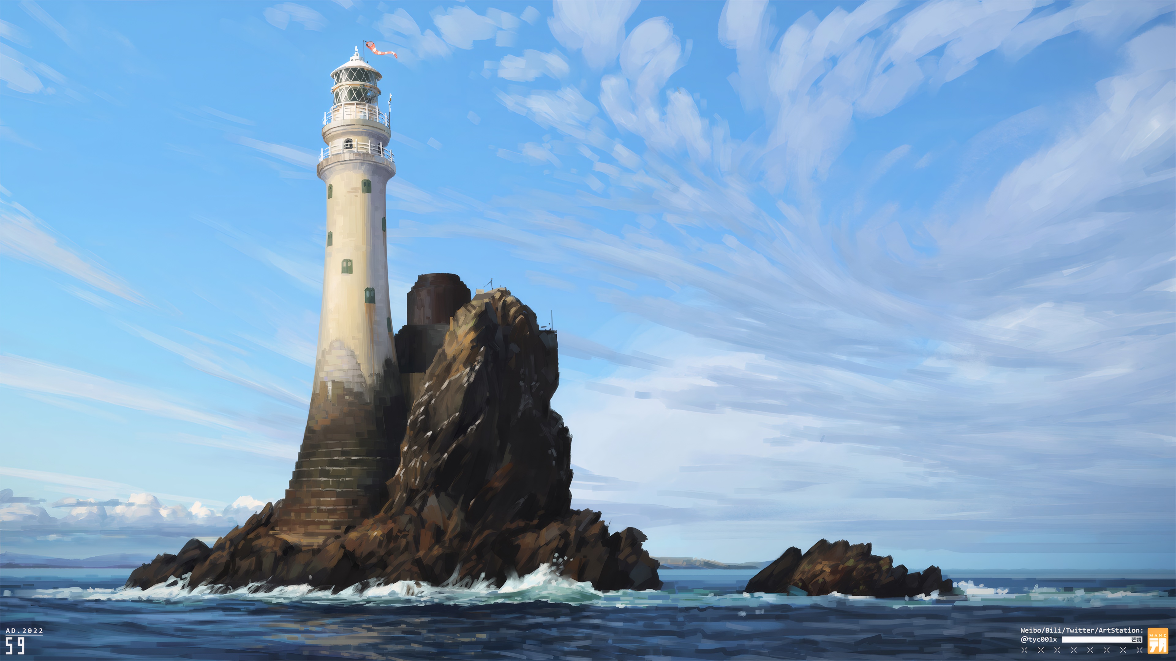 YuCong Tangs Lighthouse on a Rocky Outcrop HD Wallpaper