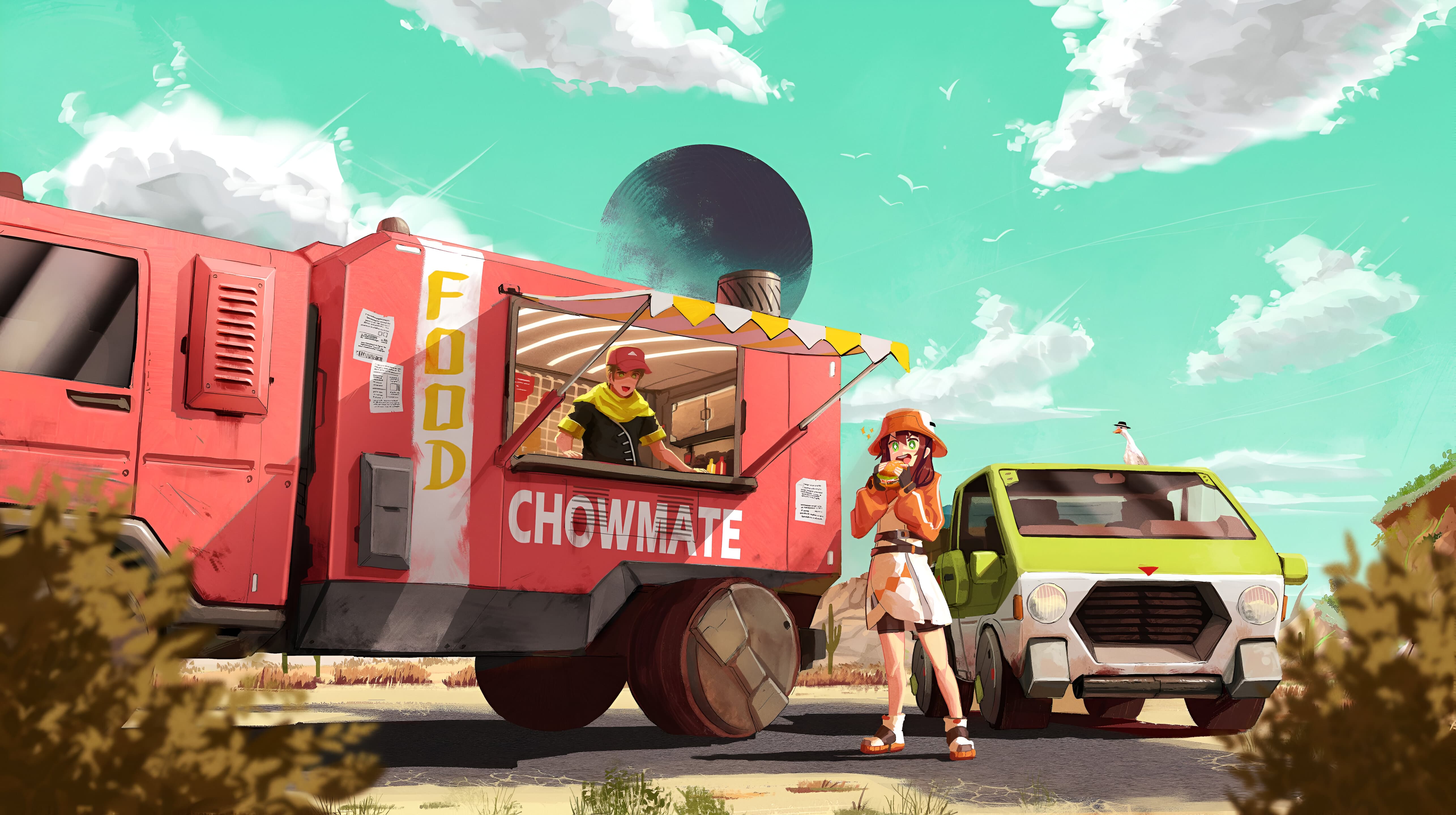 Food truck "Chowmate" with anime girl and car HD Wallpaper