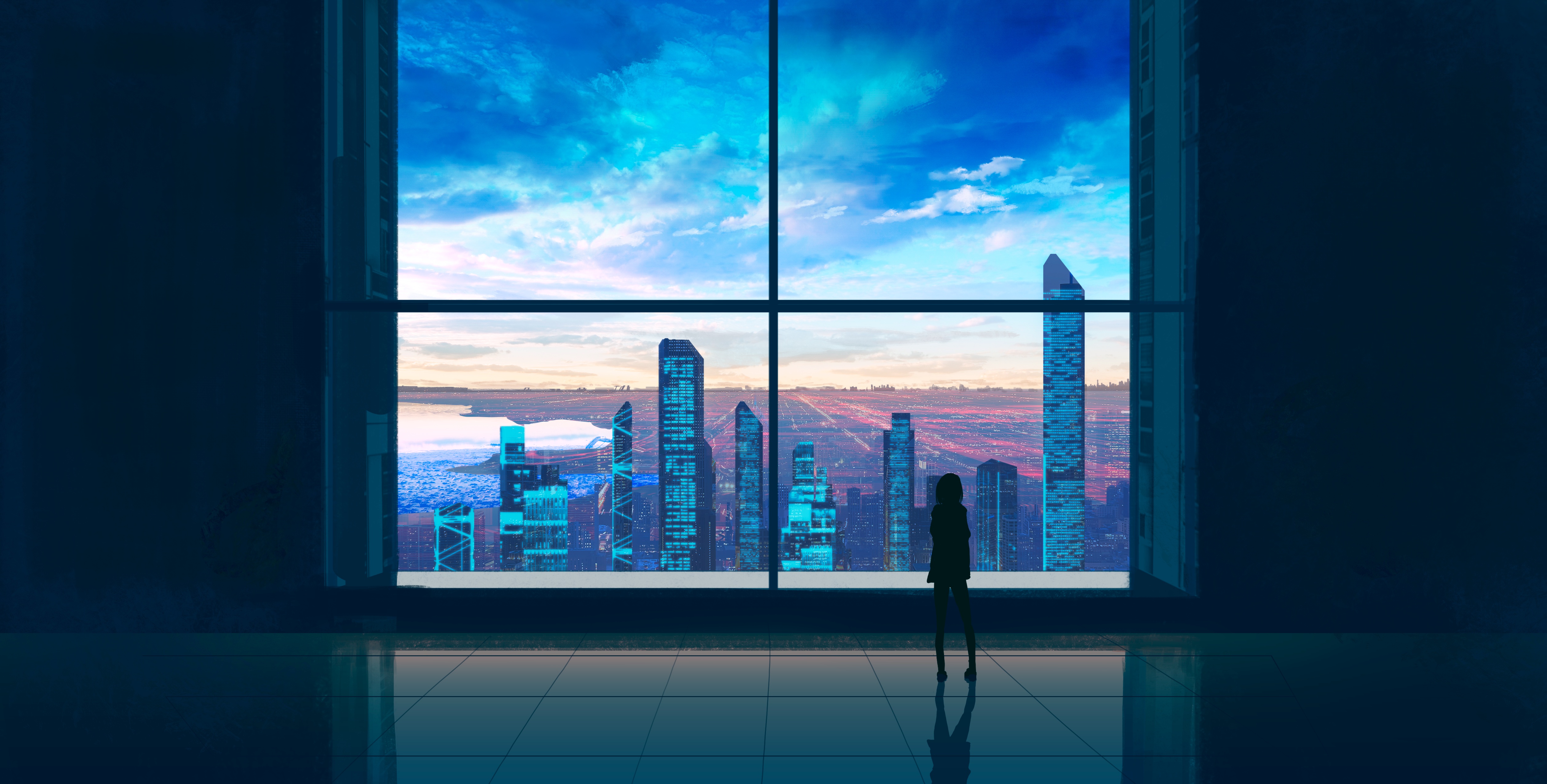 Woman silhouetted against a futuristic city skyline through a window HD Wallpaper