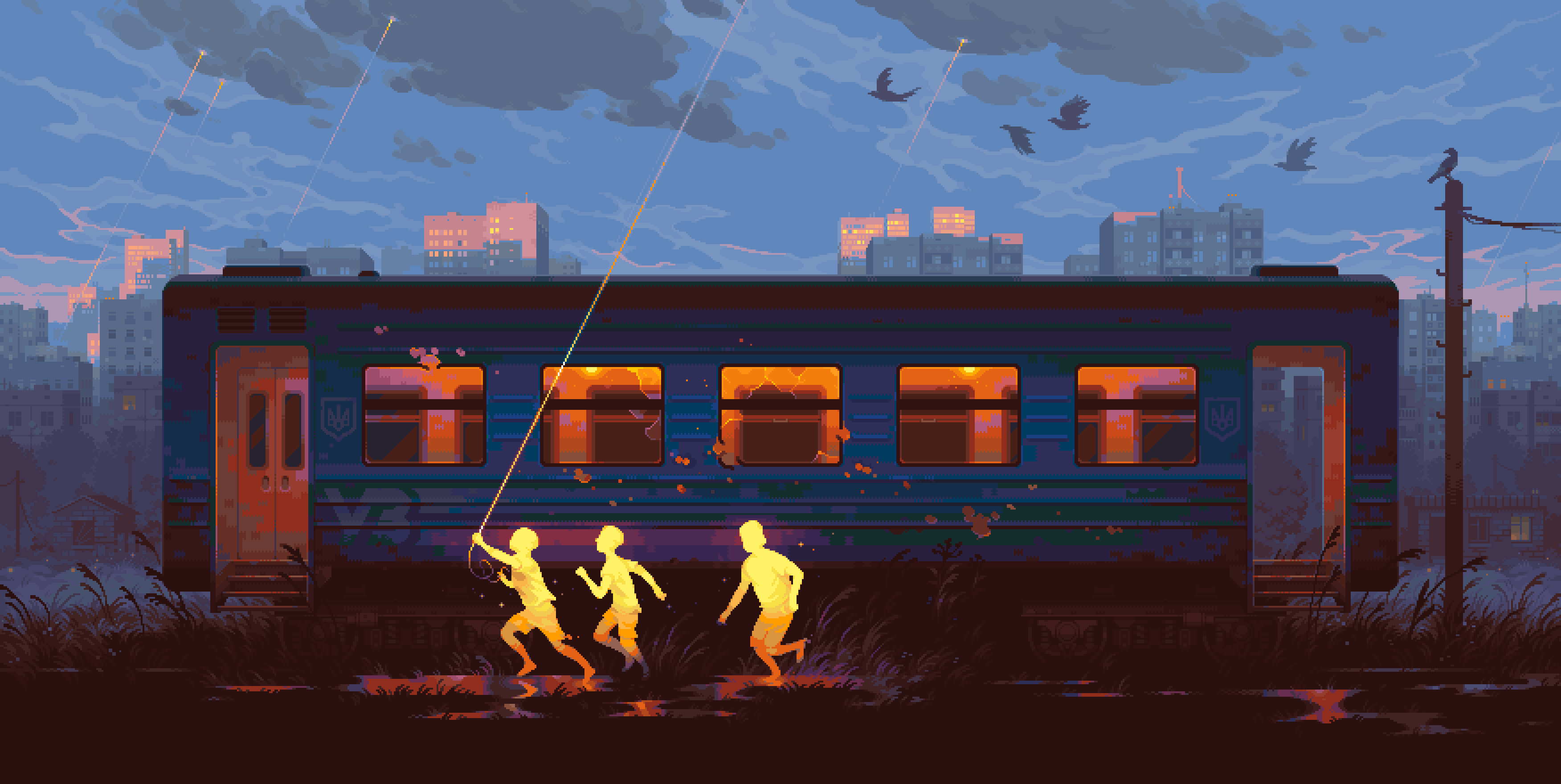 Children flying kites near a train at dusk HD Wallpaper