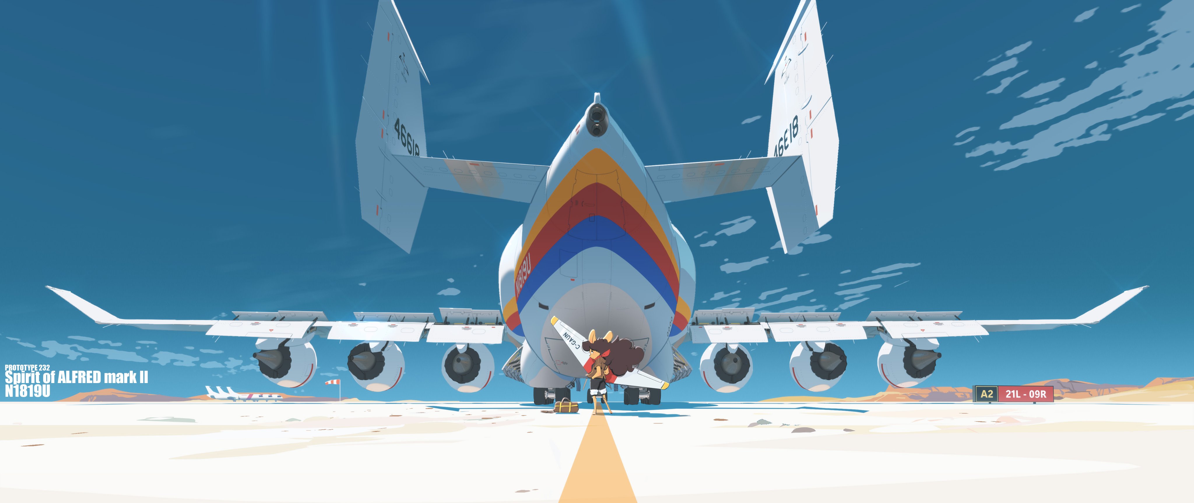 Airplane with a small figure in front HD Wallpaper