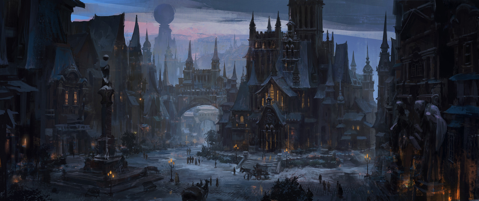 Gothic city with tall spires and a bridge HD Wallpaper