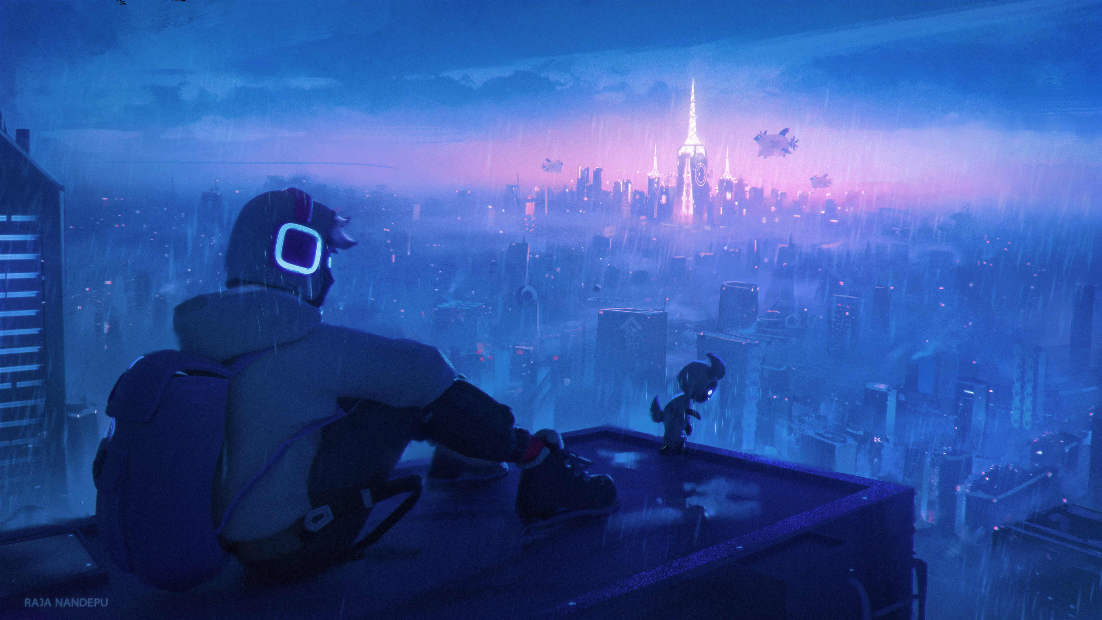 Creature and person on rooftop overlooking cityscape at night HD Wallpaper