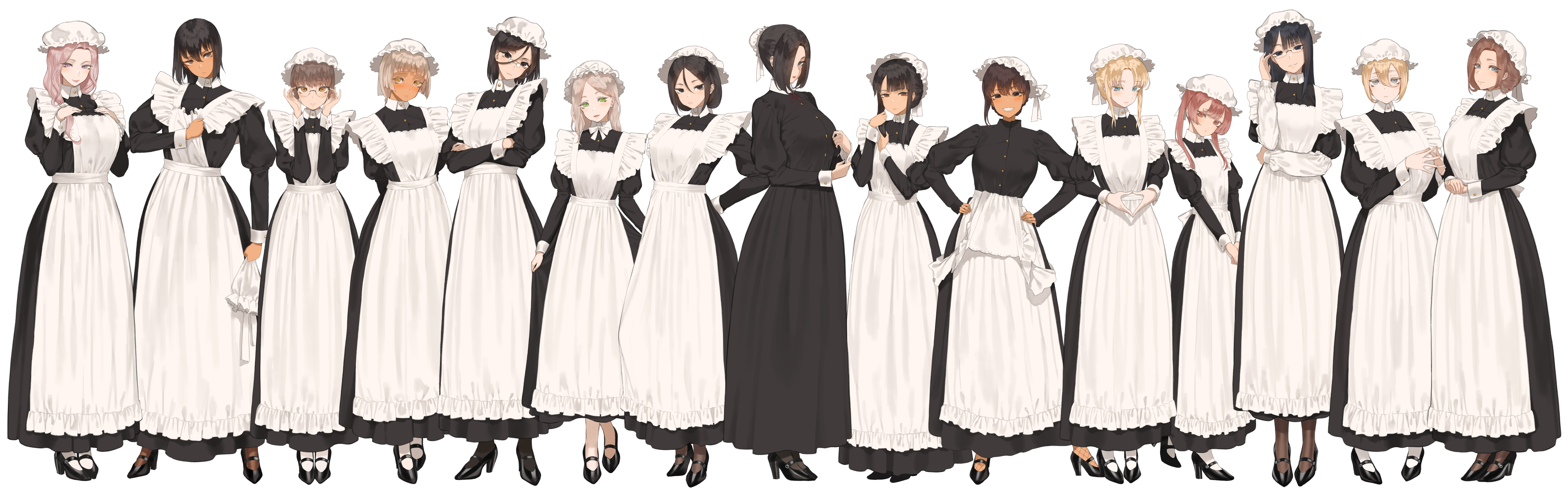 Group of anime maids in black and white uniforms HD Wallpaper