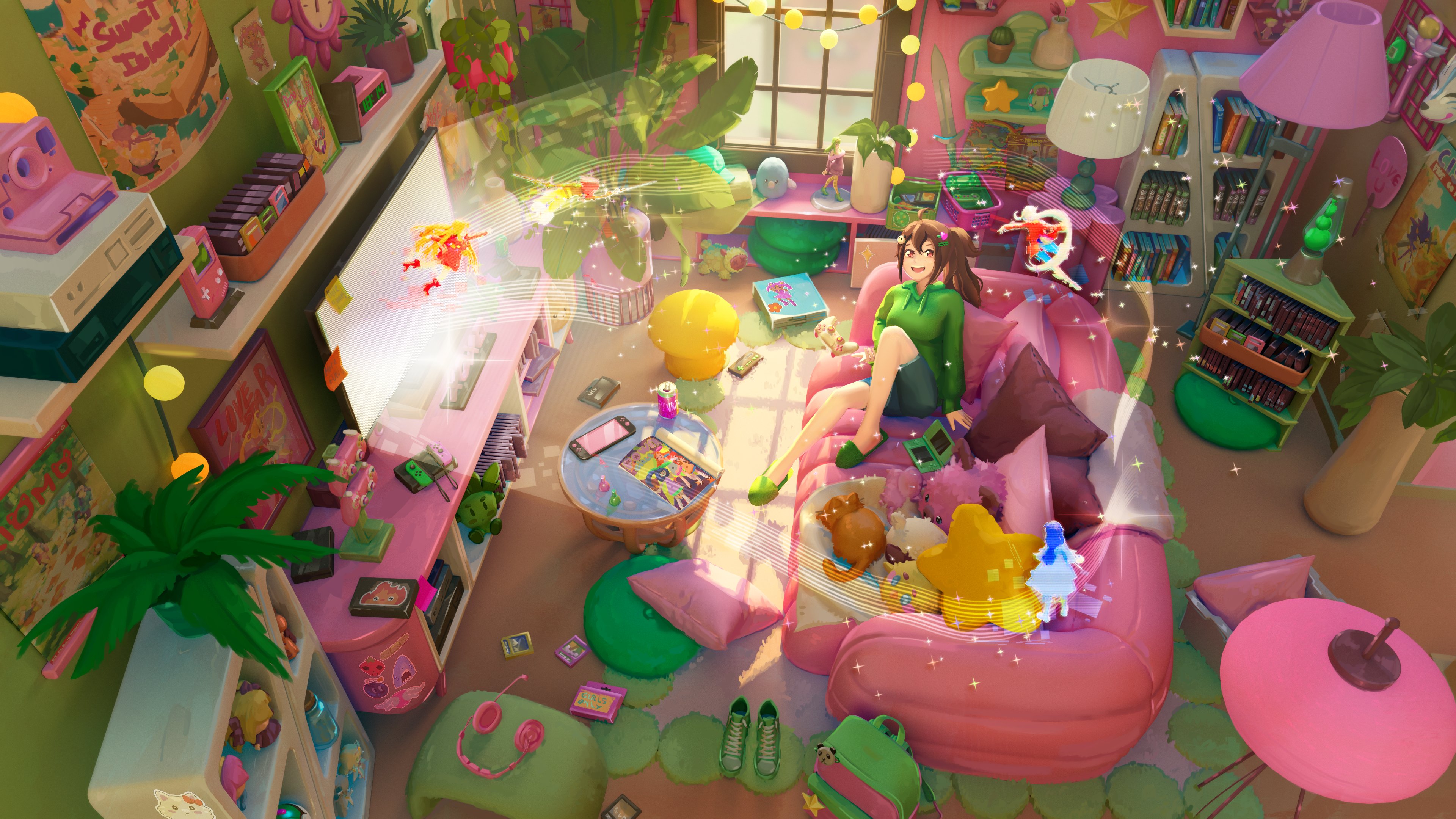 Anime girl in a colorful room with books and consoles HD Wallpaper