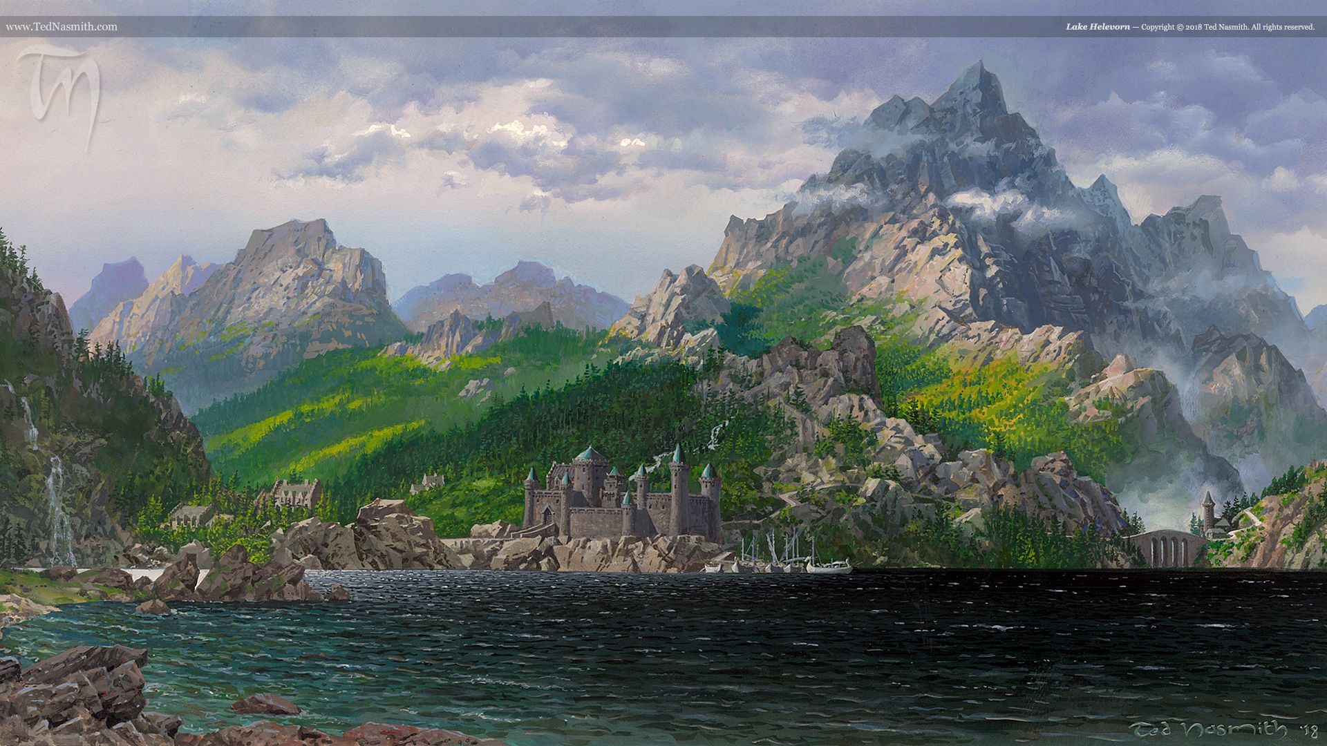 Ted Nasmiths Castle by a Lake with Mountains HD Wallpaper